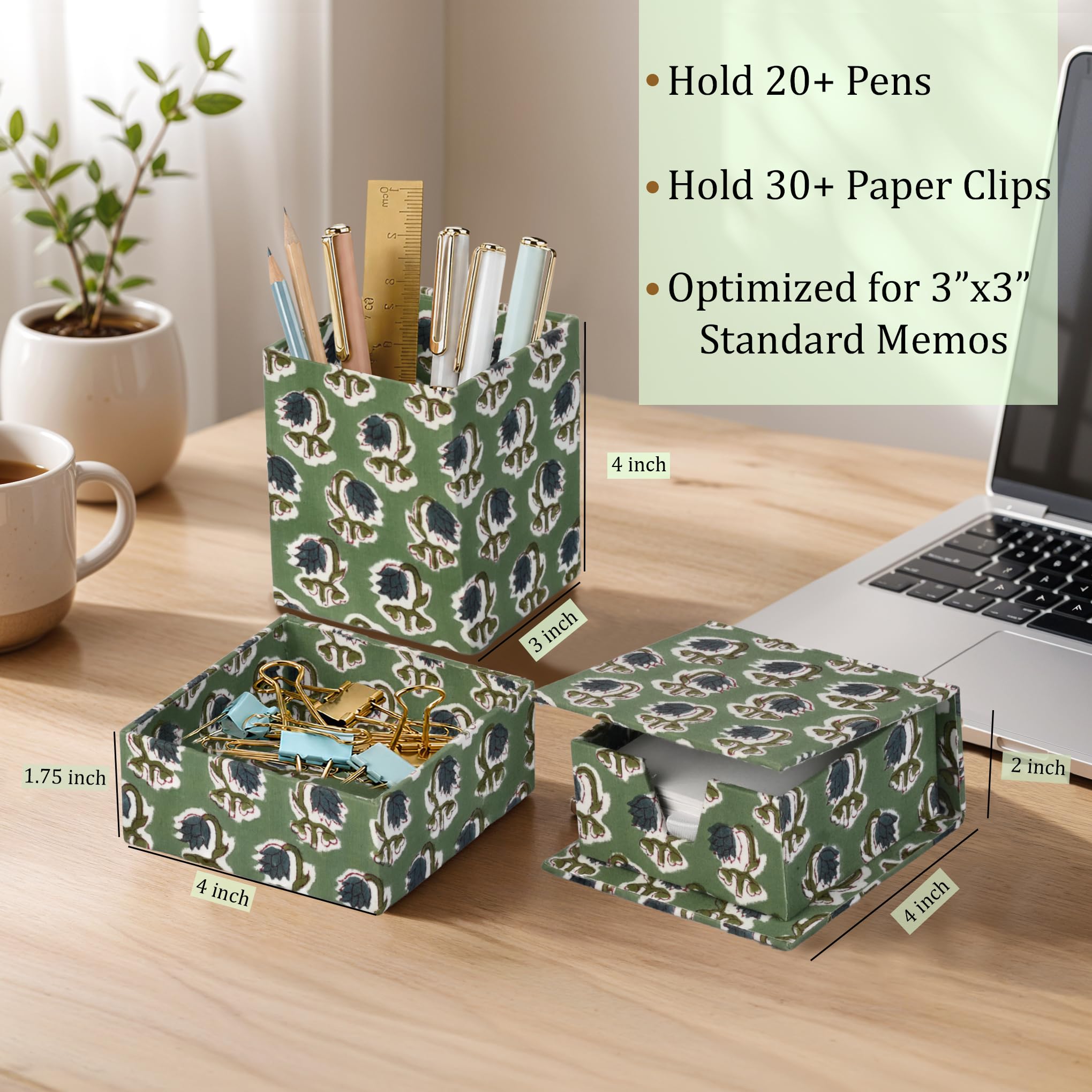Hand Block Print Cotton Desk Organizer - Basil Green
