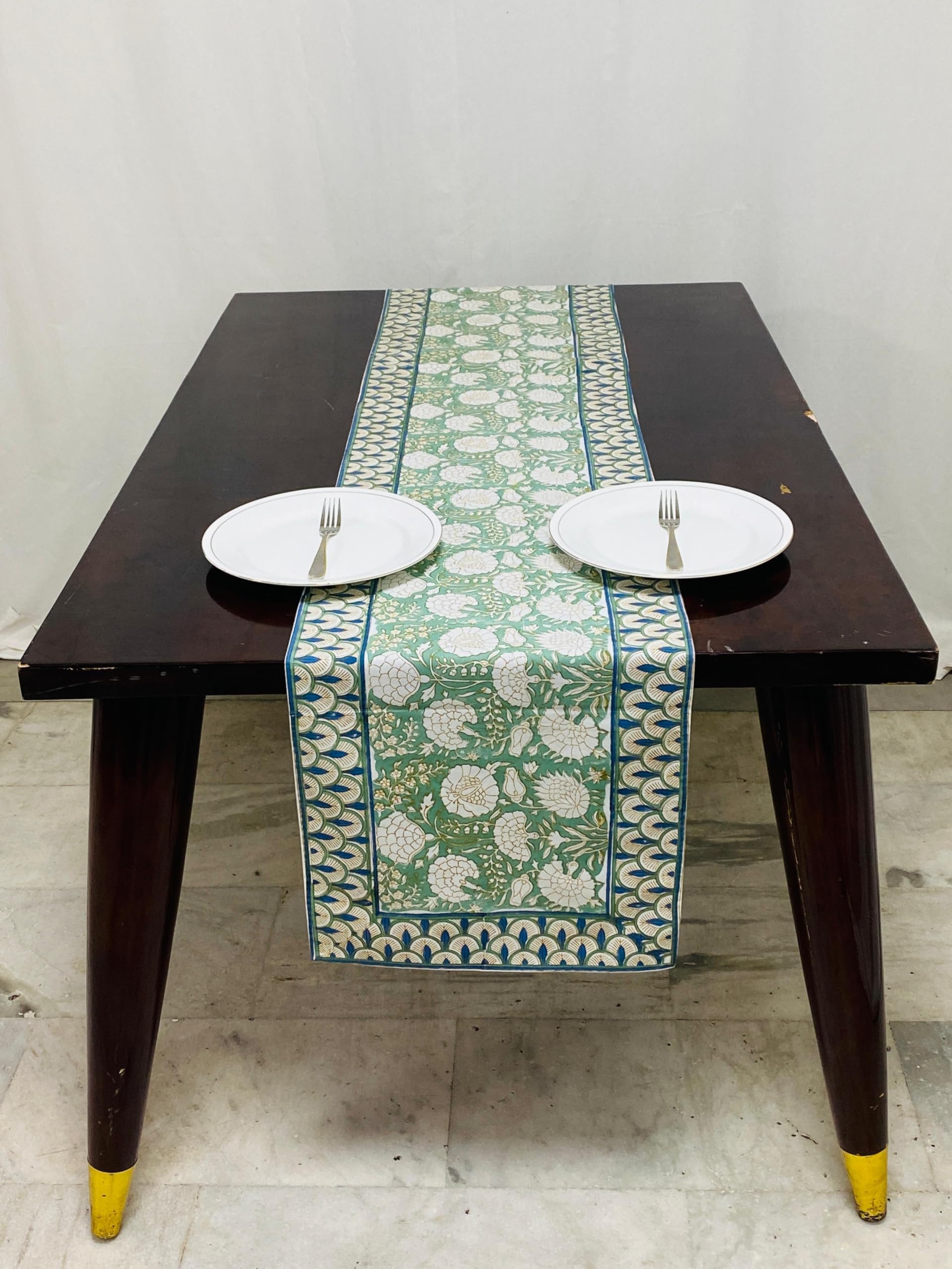 Hand Block Print Cotton Table Runner - Moss Green