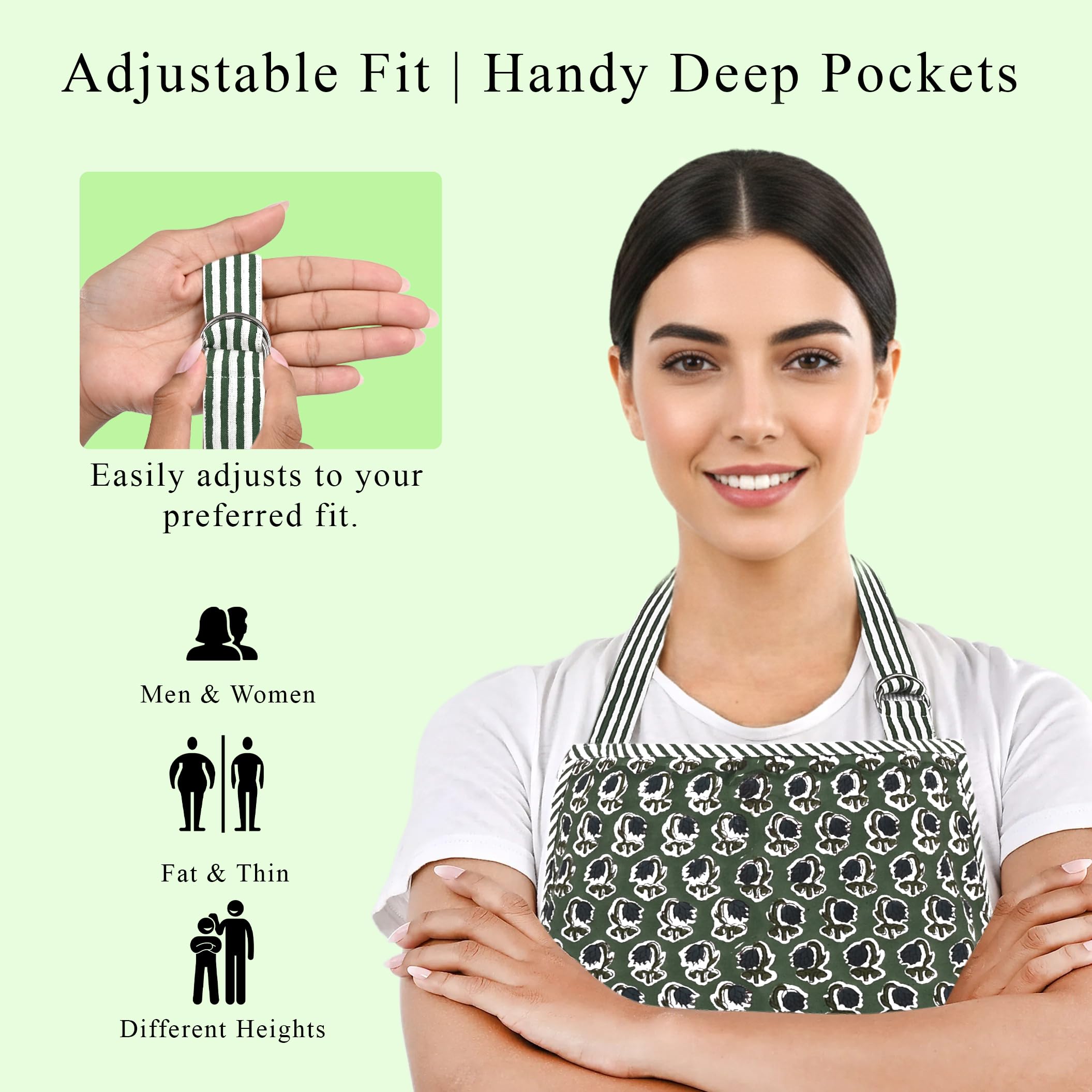 Hand Block Print Cotton Kitchen Apron - Basil Green