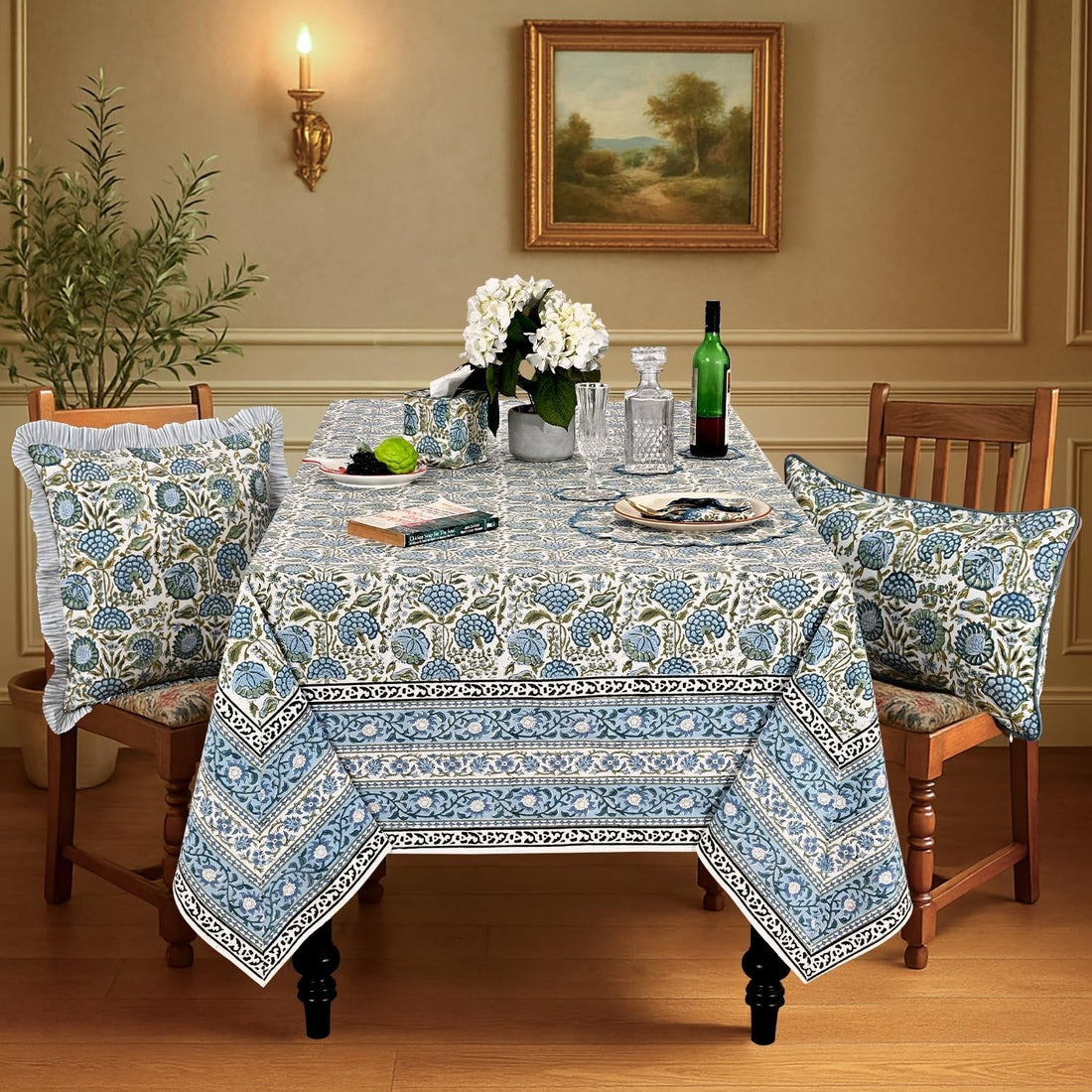Asparagus Green Square & Rectangle Tablecloth Ridhi Block Print