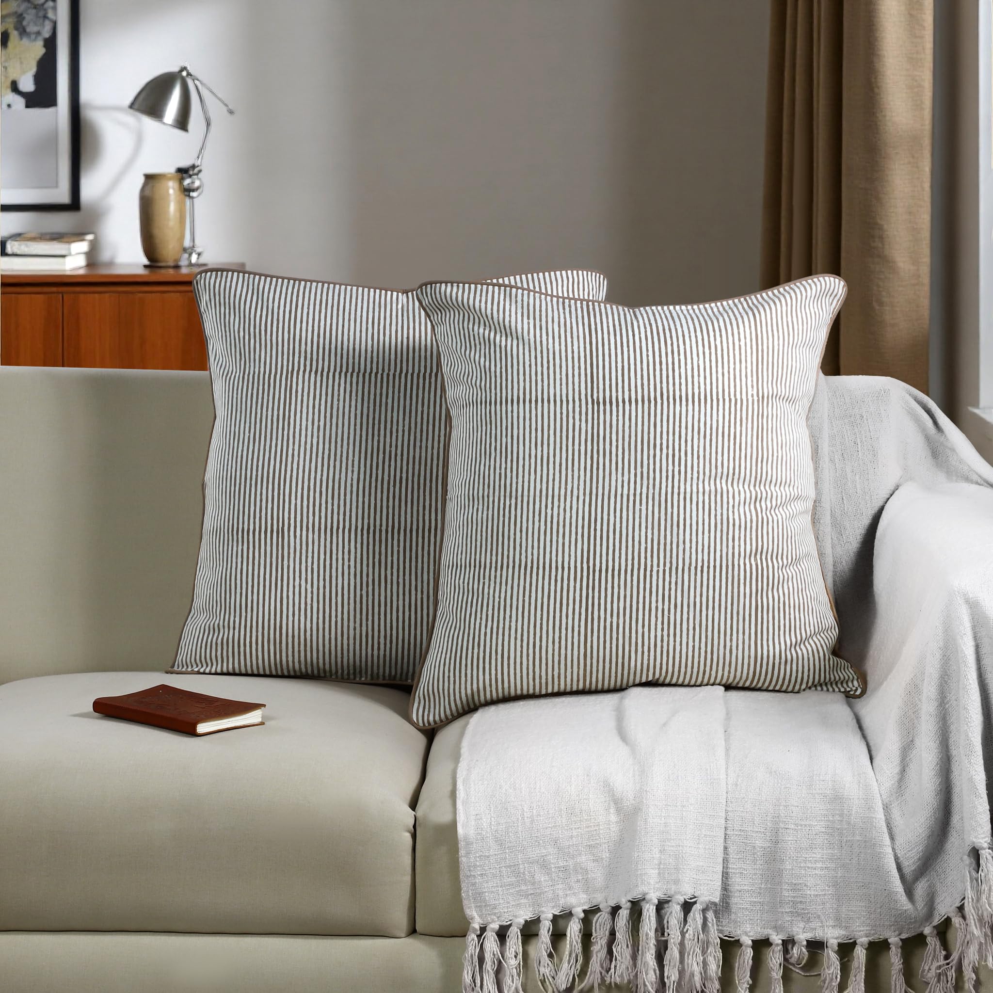 Hand Block Print Cotton Throw Pillow Cover - Oatmeal Brown Stripe