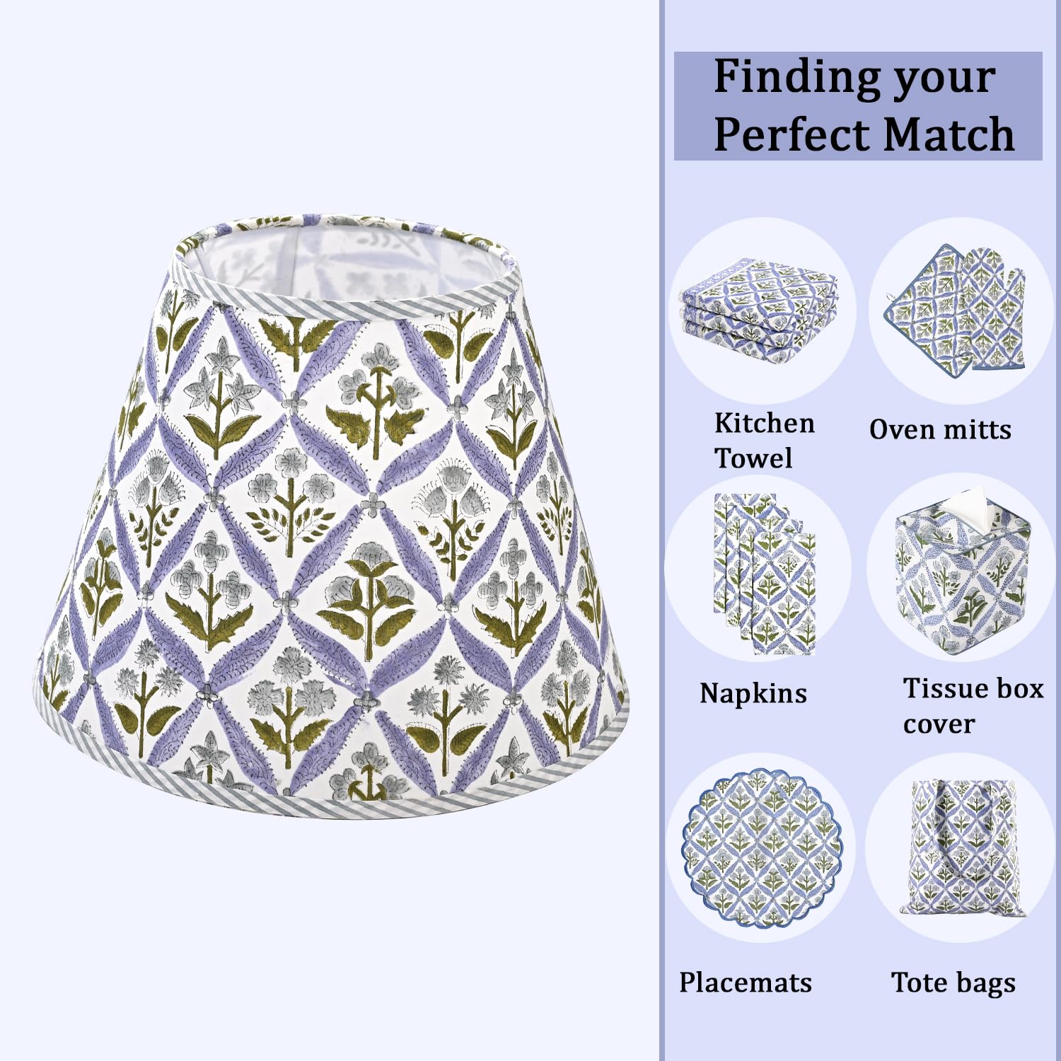 Hand Block Print Cotton Lampshade - Light Steel Blue