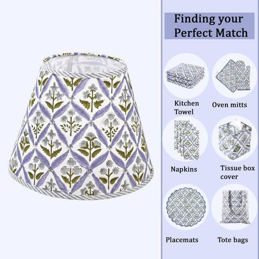 Hand Block Print Cotton Lampshade - Light Steel Blue