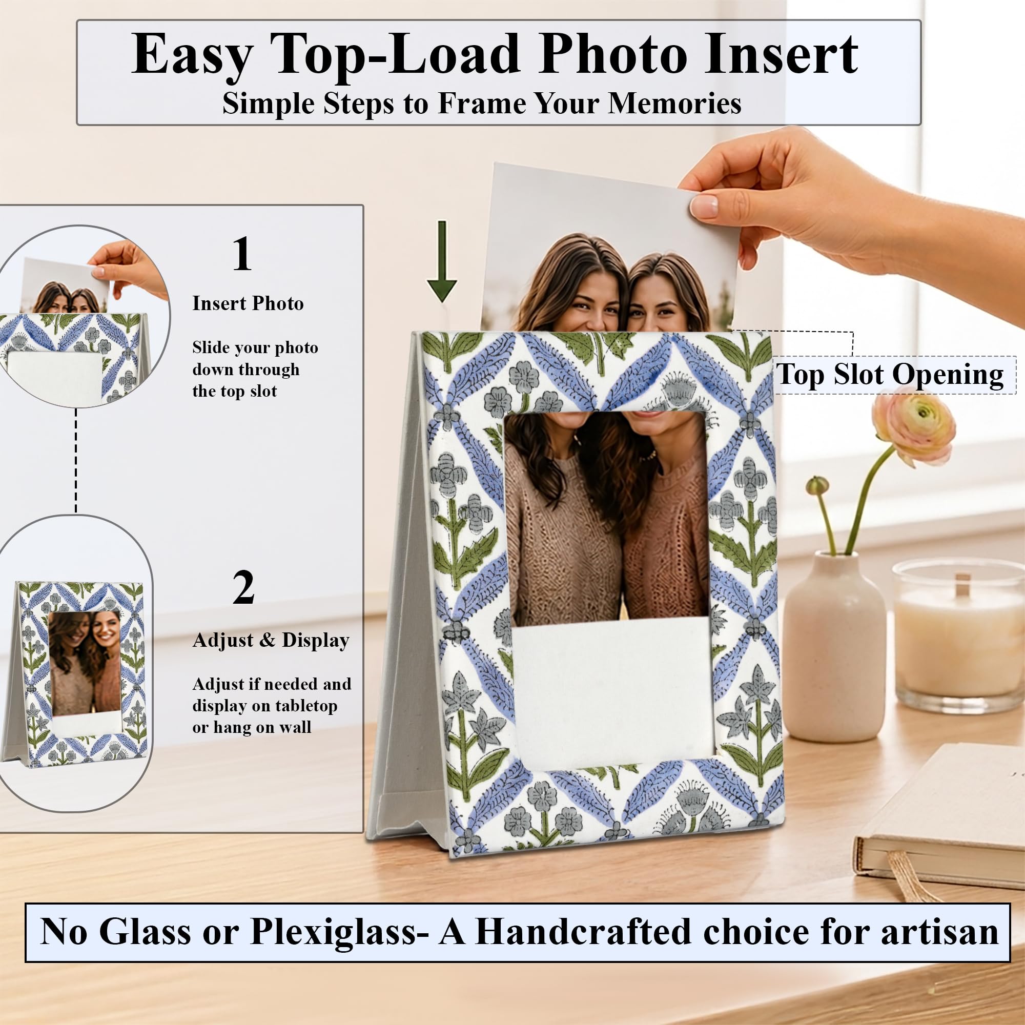 Hand Block Print Cotton Picture Frame - Light Steel Blue