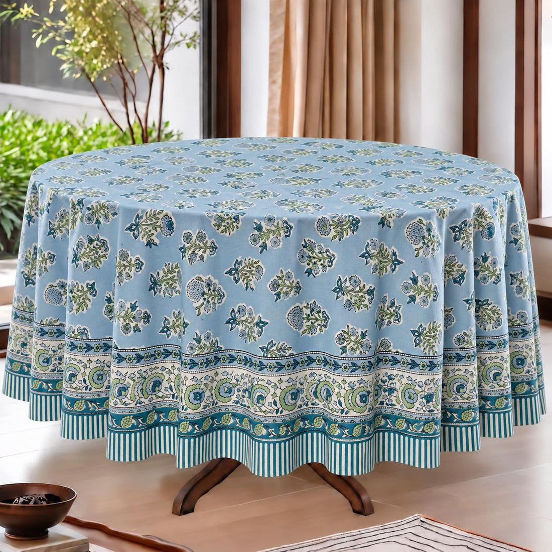 Ridhi harbor blue hand block print round cotton tablecloth