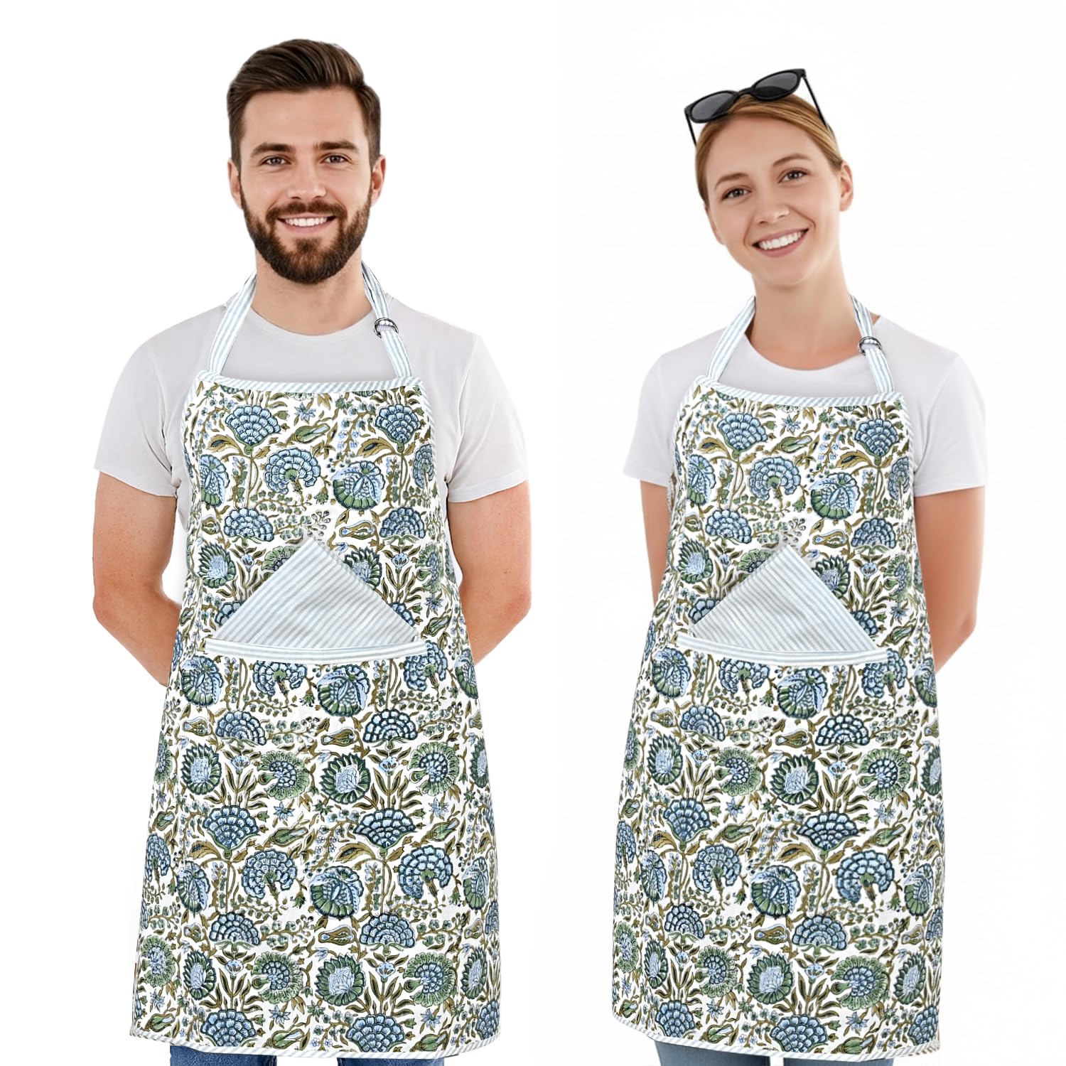 Hand Block Print Cotton Kitchen Apron - Asparagus Green