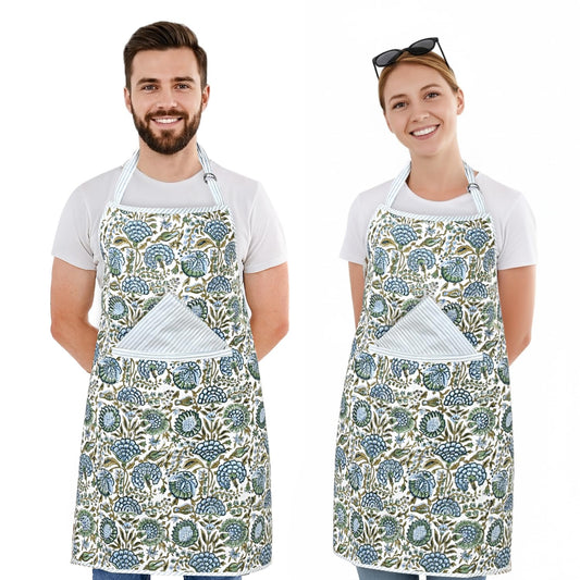 Hand Block Print Cotton Kitchen Apron - Asparagus Green