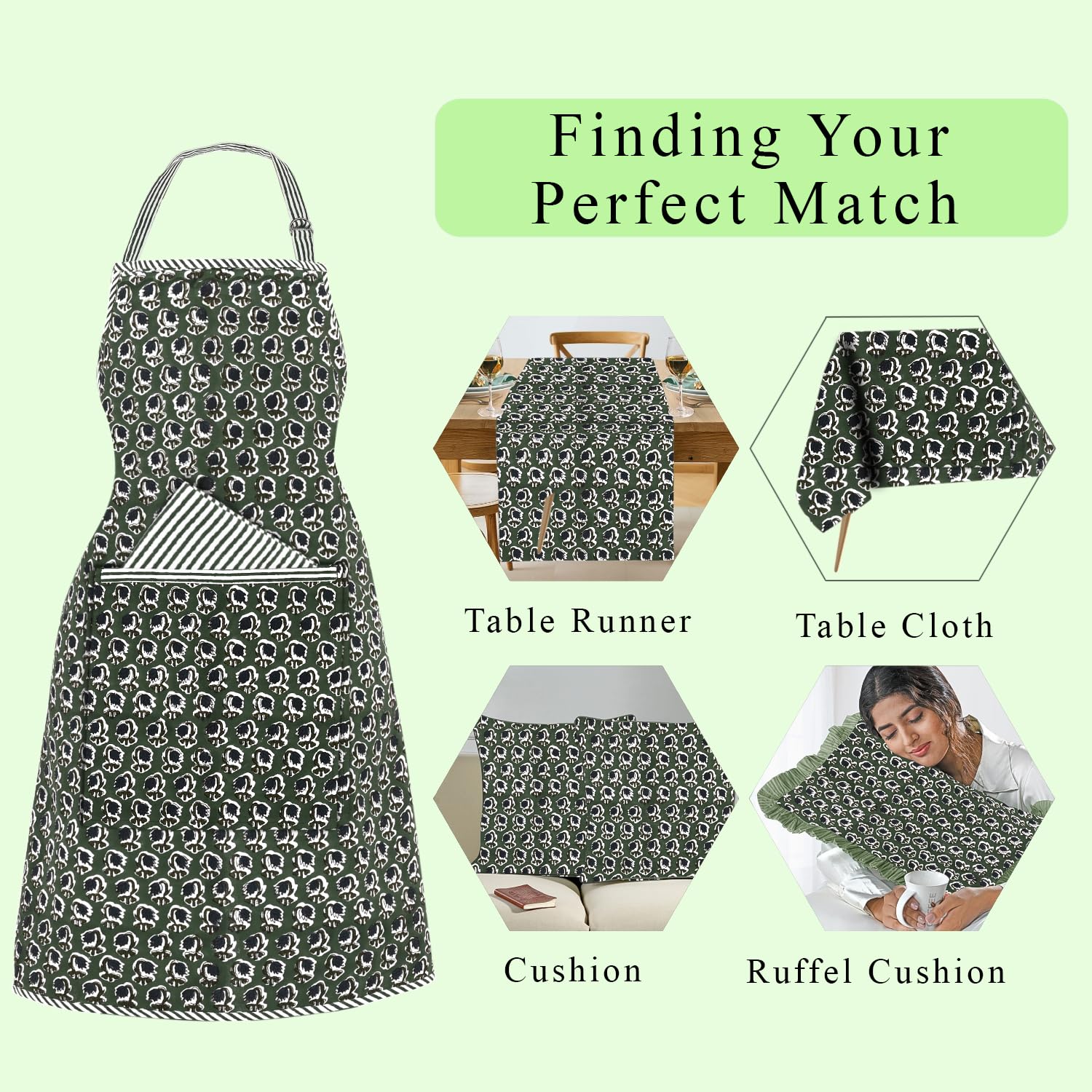 Hand Block Print Cotton Kitchen Apron - Basil Green