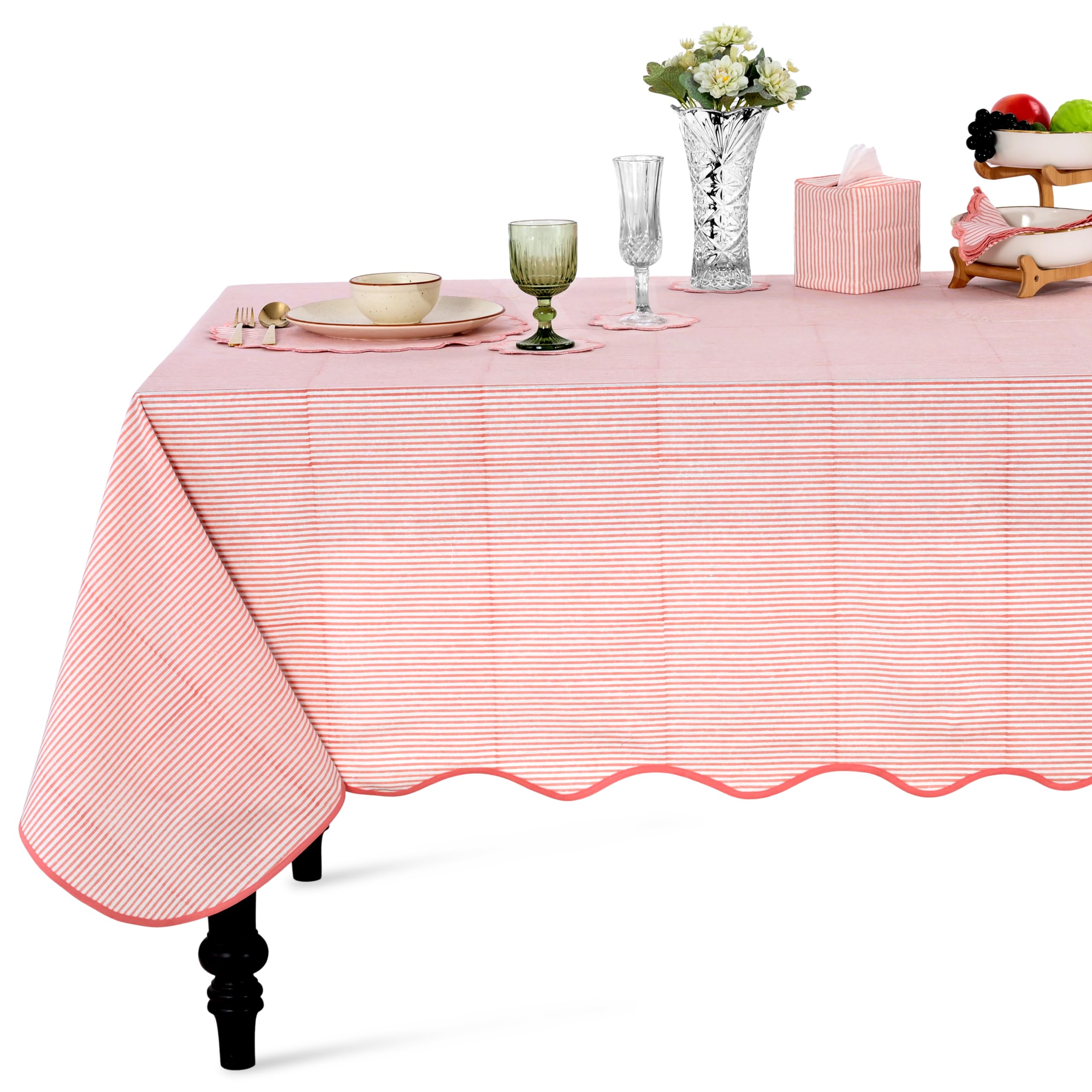 Hand Block Print Cotton Tablecloth - Blush Coral Stripe