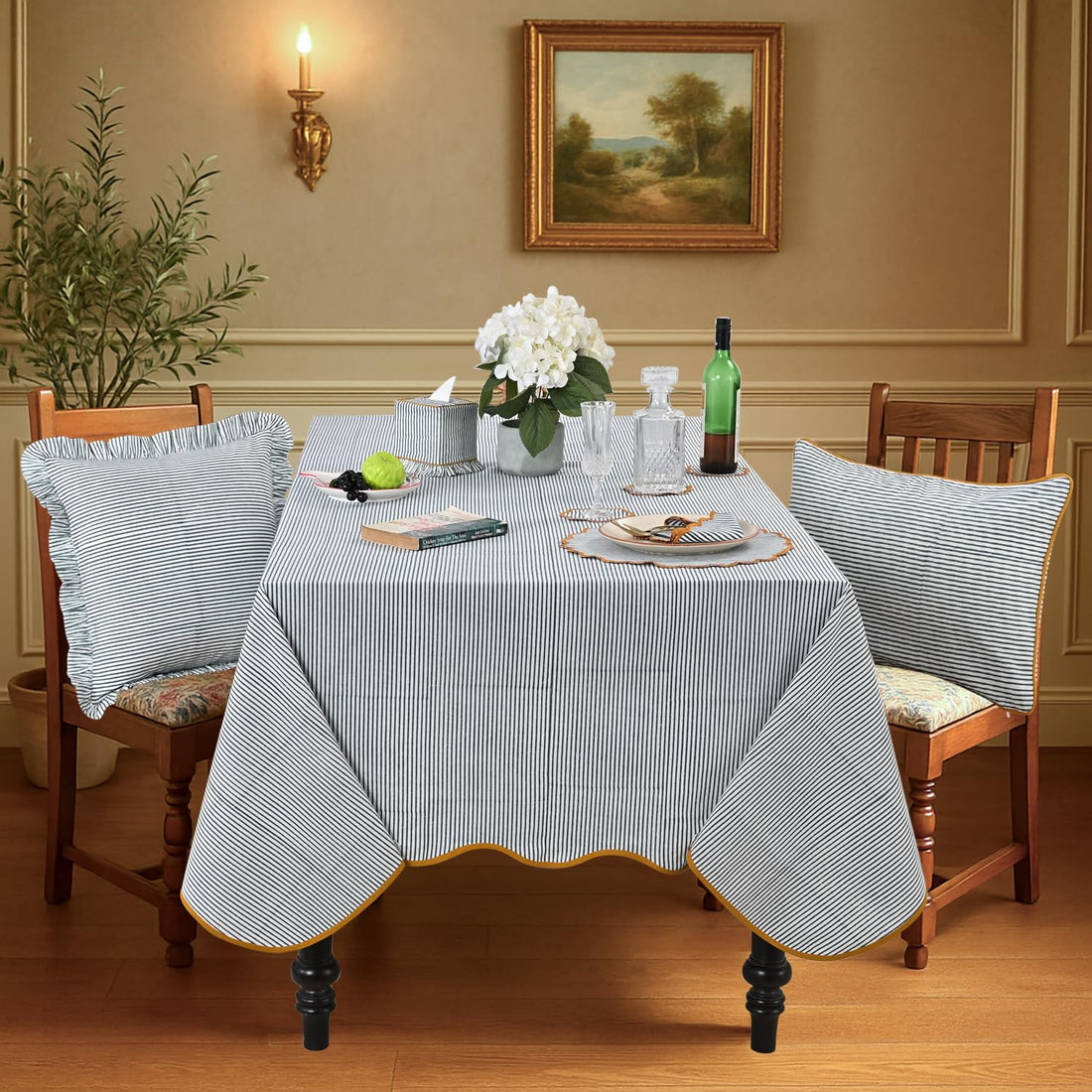 Hand Block Print Cotton Tablecloth - Slate Blue Stripe