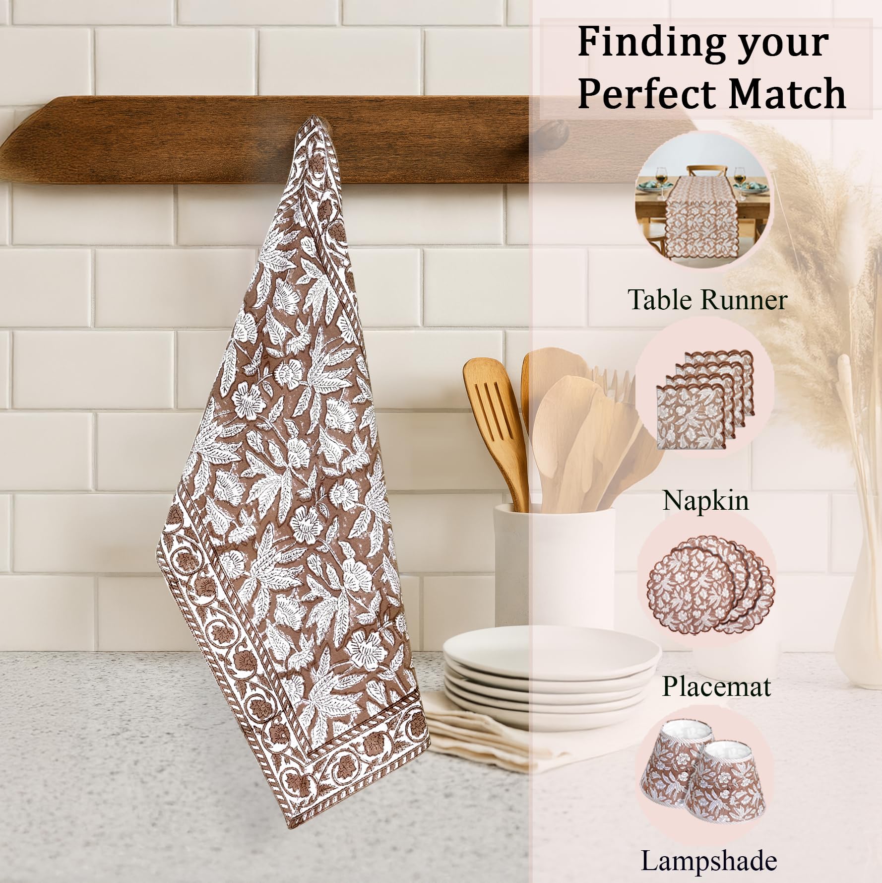 Hand Block Print Cotton Kitchen Towel - Oak Brown