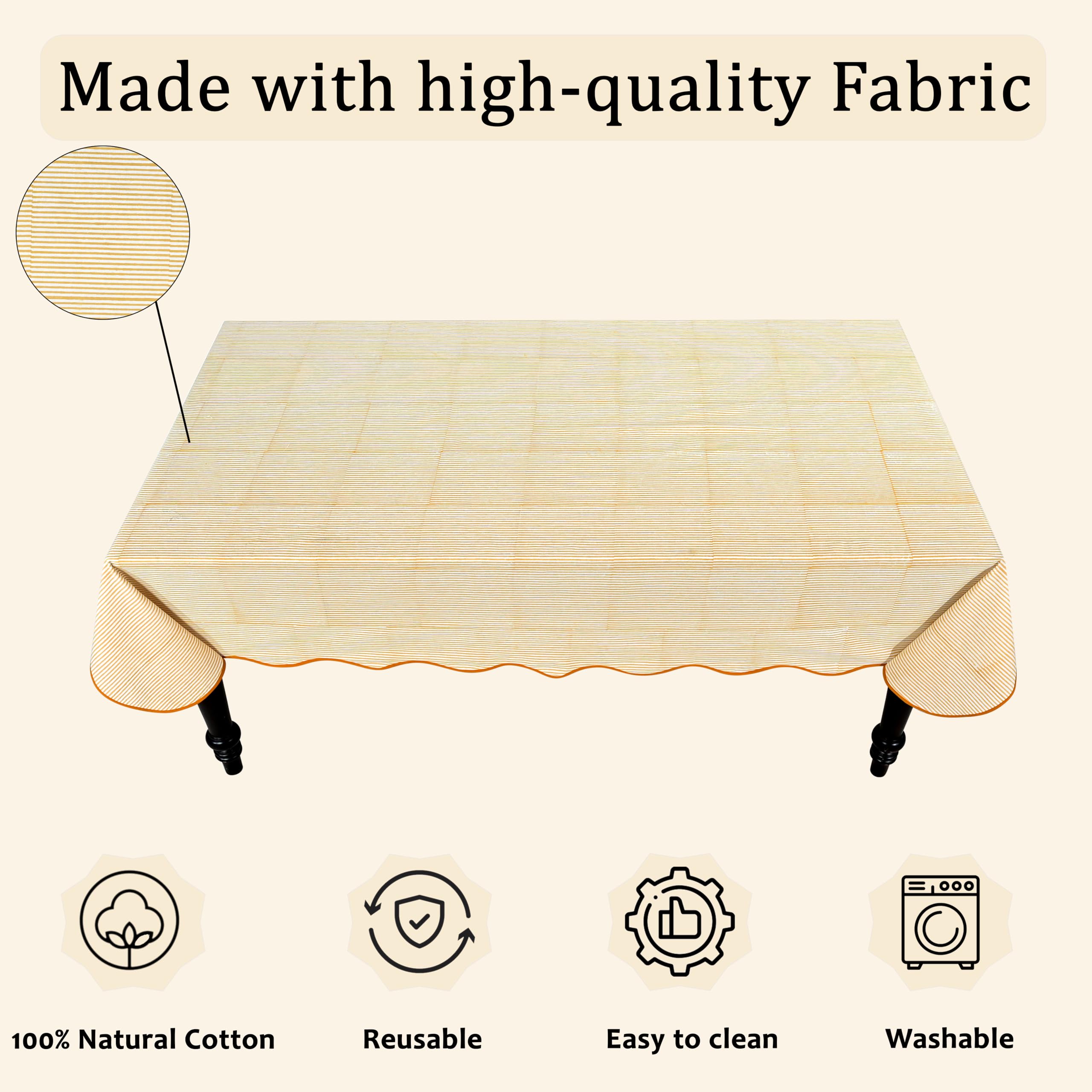 Hand Block Print Cotton Tablecloth - Warm Saffron Yellow Stripe