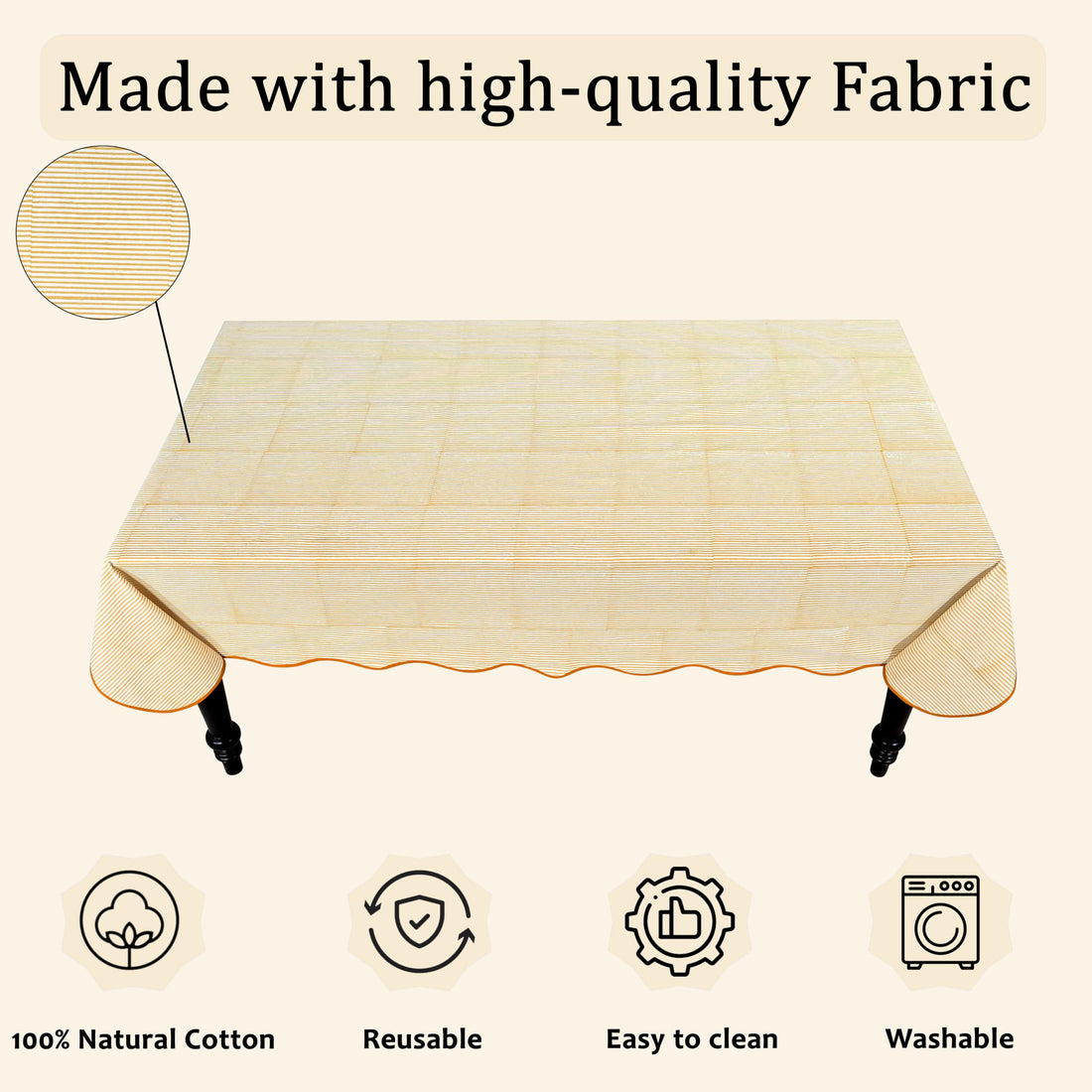 Hand Block Print Cotton Tablecloth - Warm Saffron Yellow Stripe