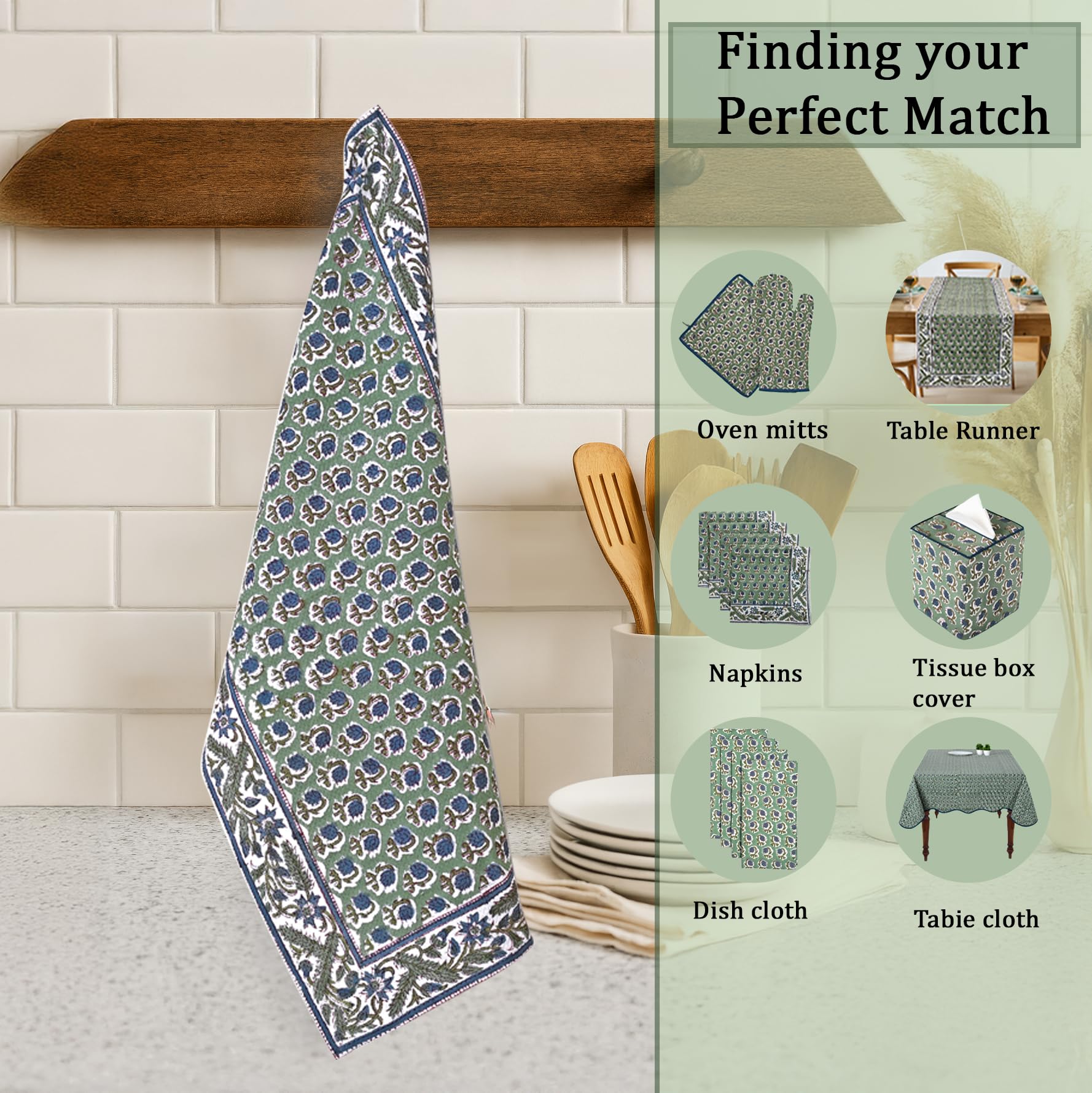 Hand Block Print Cotton Kitchen Towel - Basil Green