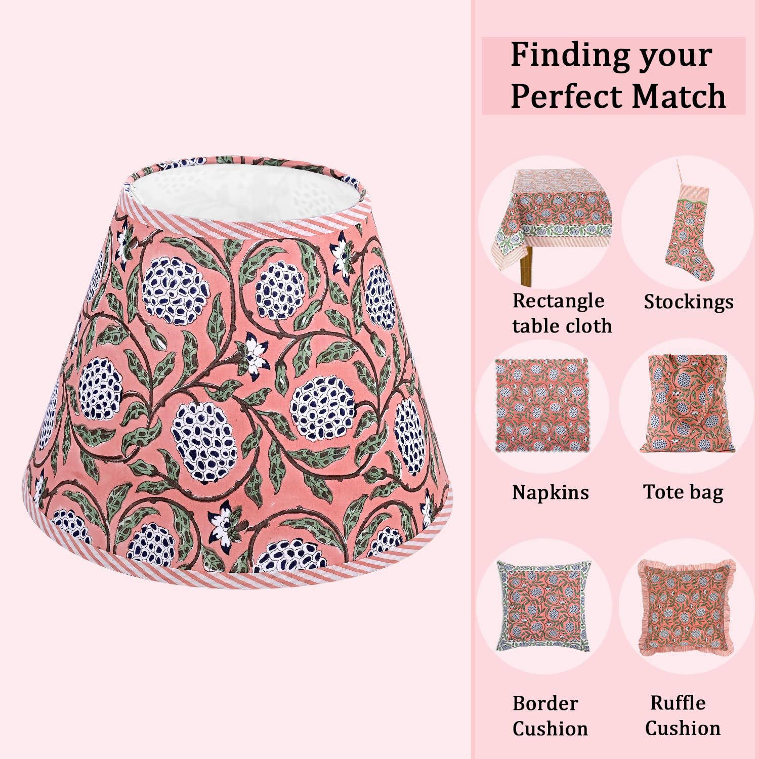 Hand Block Print Cotton Lampshade - Dark Salmon Pink
