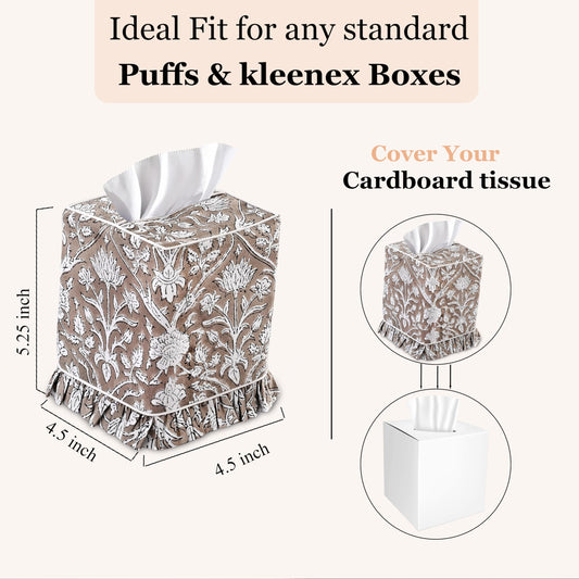 Hand Block Print Cotton Tissue Box Cover - Taupe