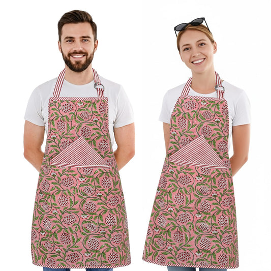 Hand Block Print Cotton Kitchen Apron - Dark Salmon Pink
