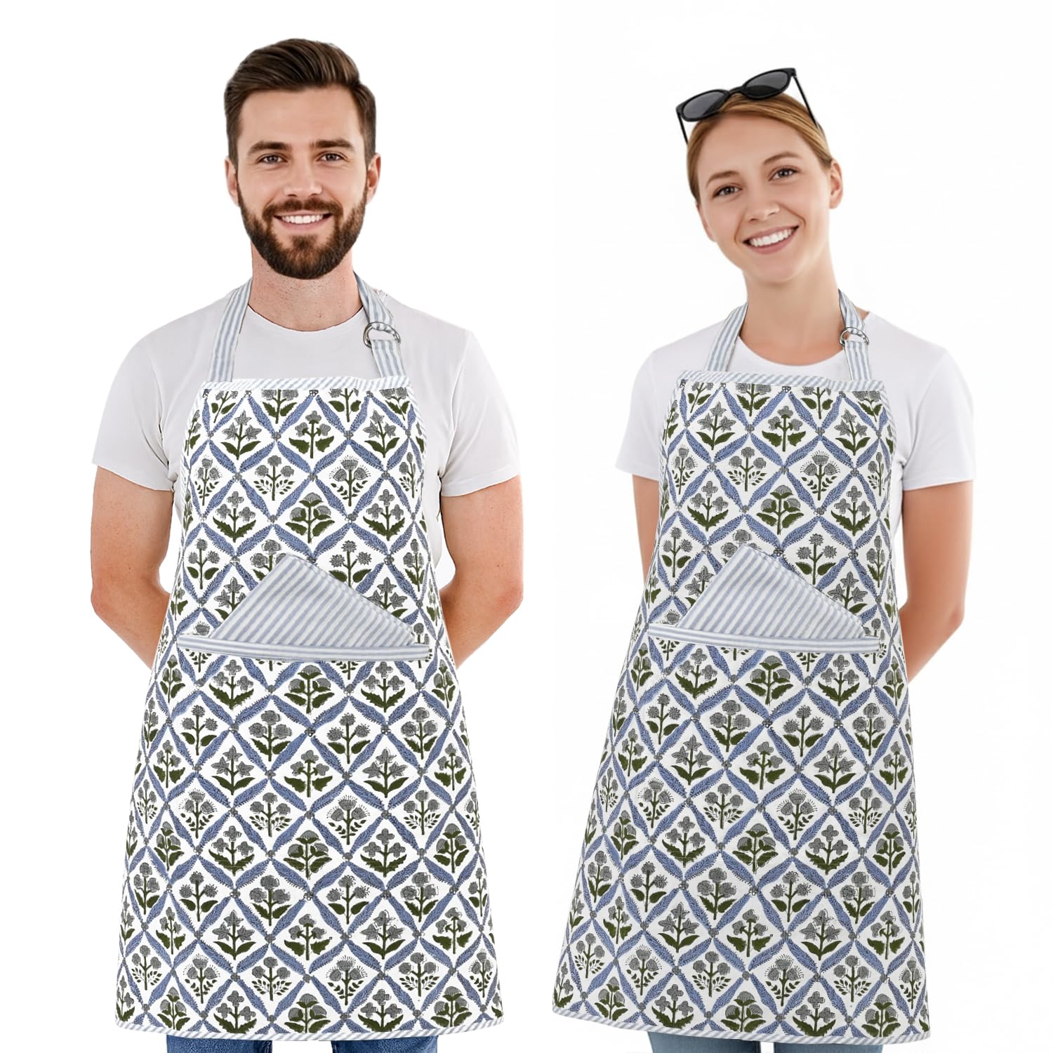 Hand Block Print Cotton Kitchen Apron - Light Steel Blue