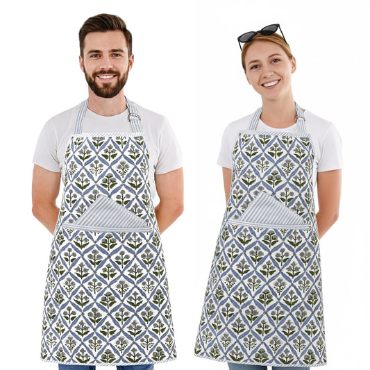 Hand Block Print Cotton Kitchen Apron - Light Steel Blue