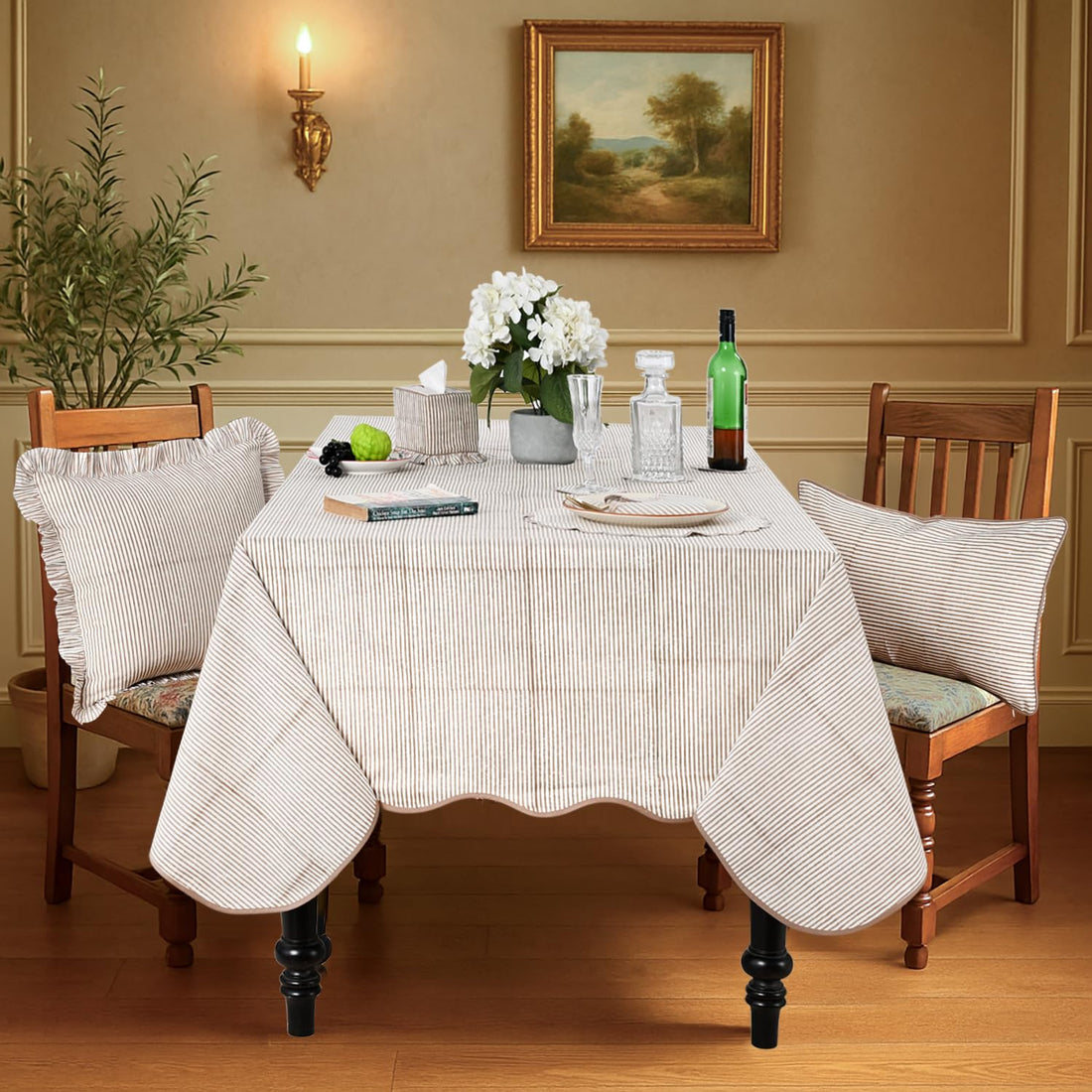 Hand Block Print Cotton Tablecloth - Oatmeal Brown Stripe