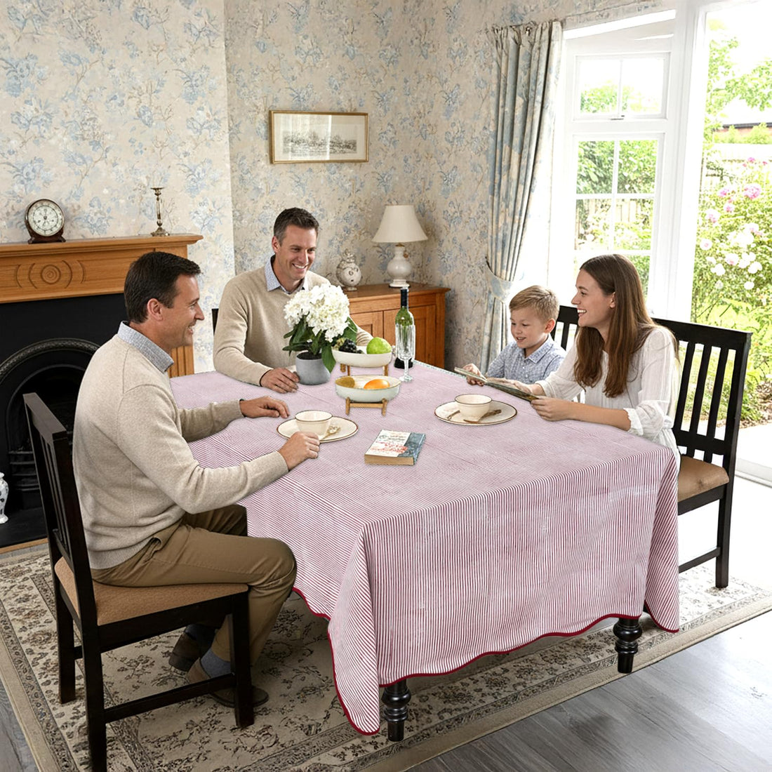 Hand Block Print Cotton Tablecloth - Ruby Red Stripe