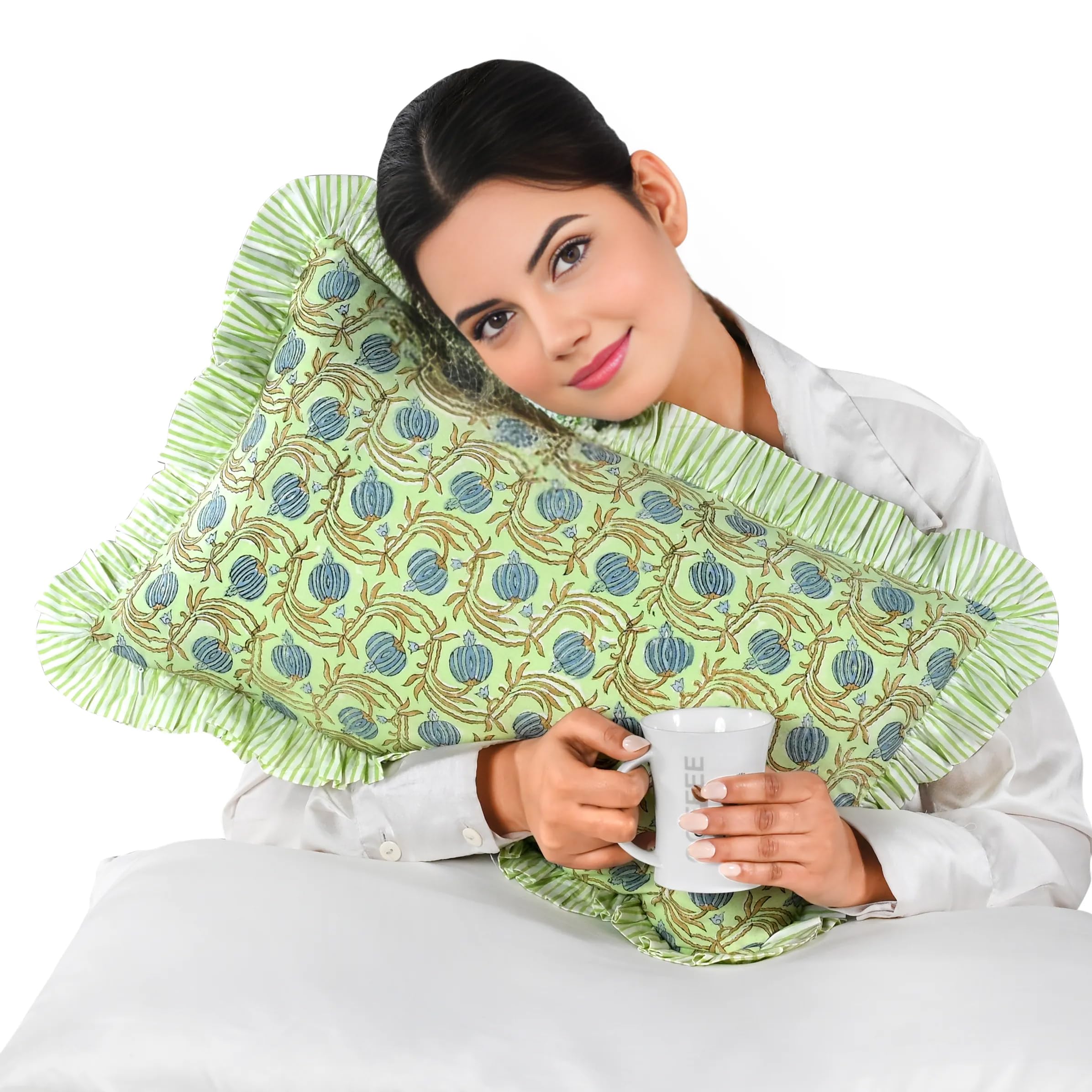 Hand Block Print Cotton Throw Pillow Cover - Apple Green Floral