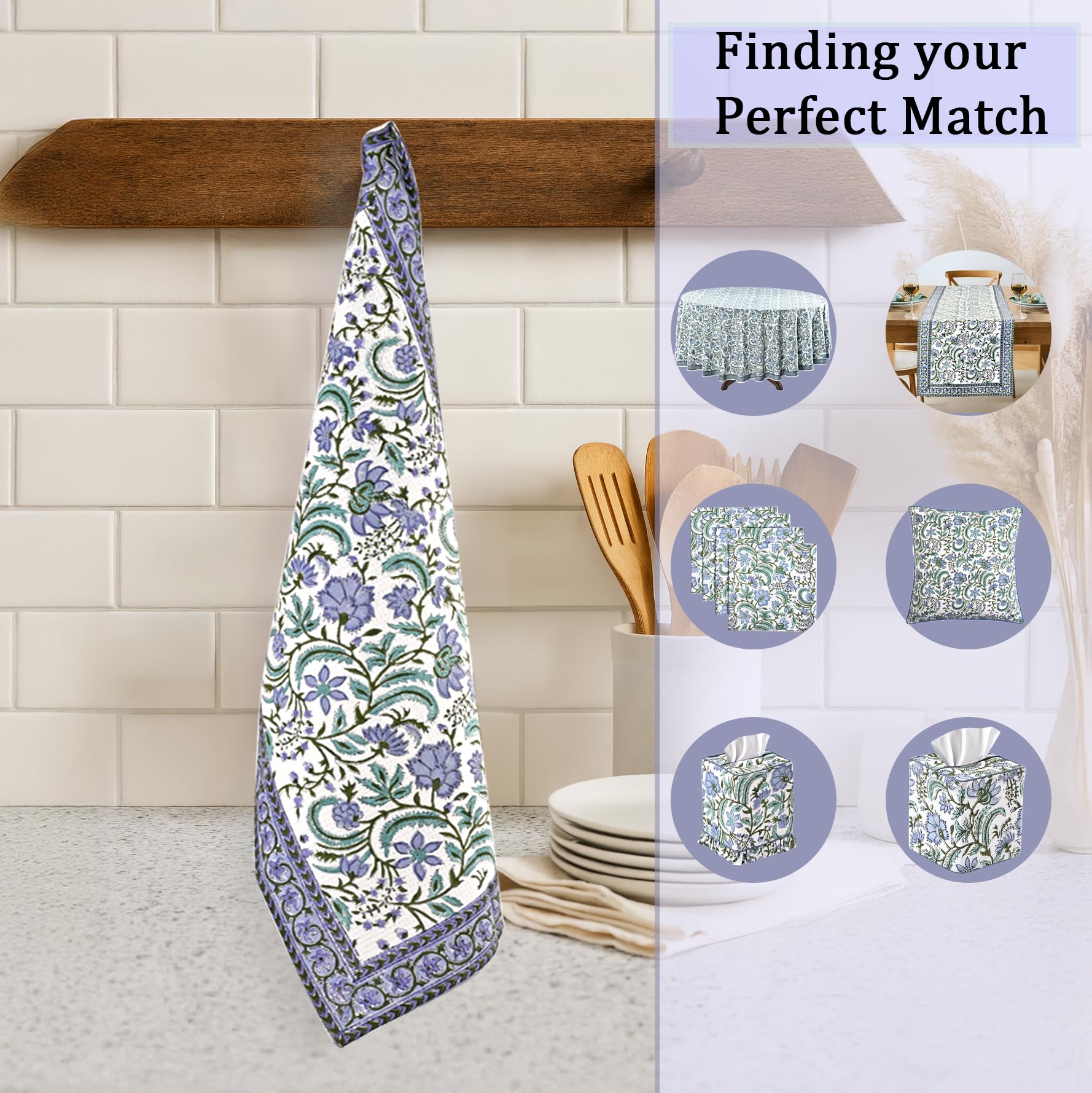 Hand Block Print Cotton Kitchen Towel - Columbia Blue