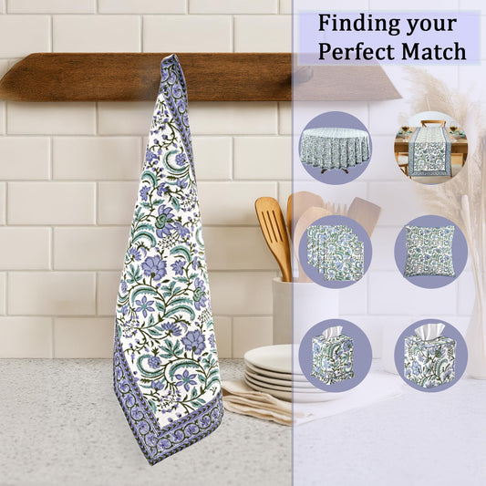 Hand Block Print Cotton Kitchen Towel - Columbia Blue
