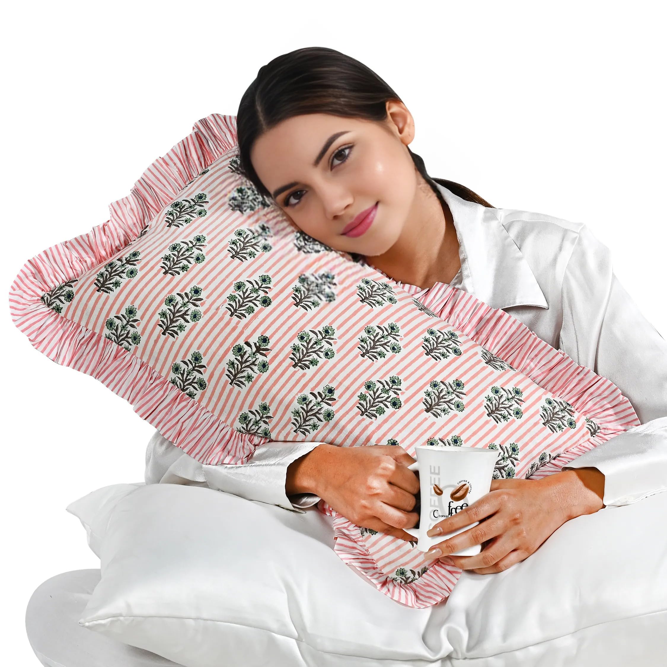 Hand Block Print Cotton Throw Pillow Cover - Salmon Blossom