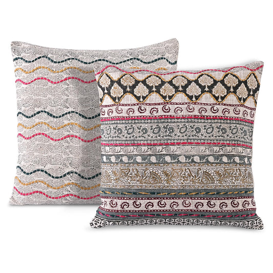 Hand Block Print Cotton Throw Pillow Cover - Neutral Ivory Grey