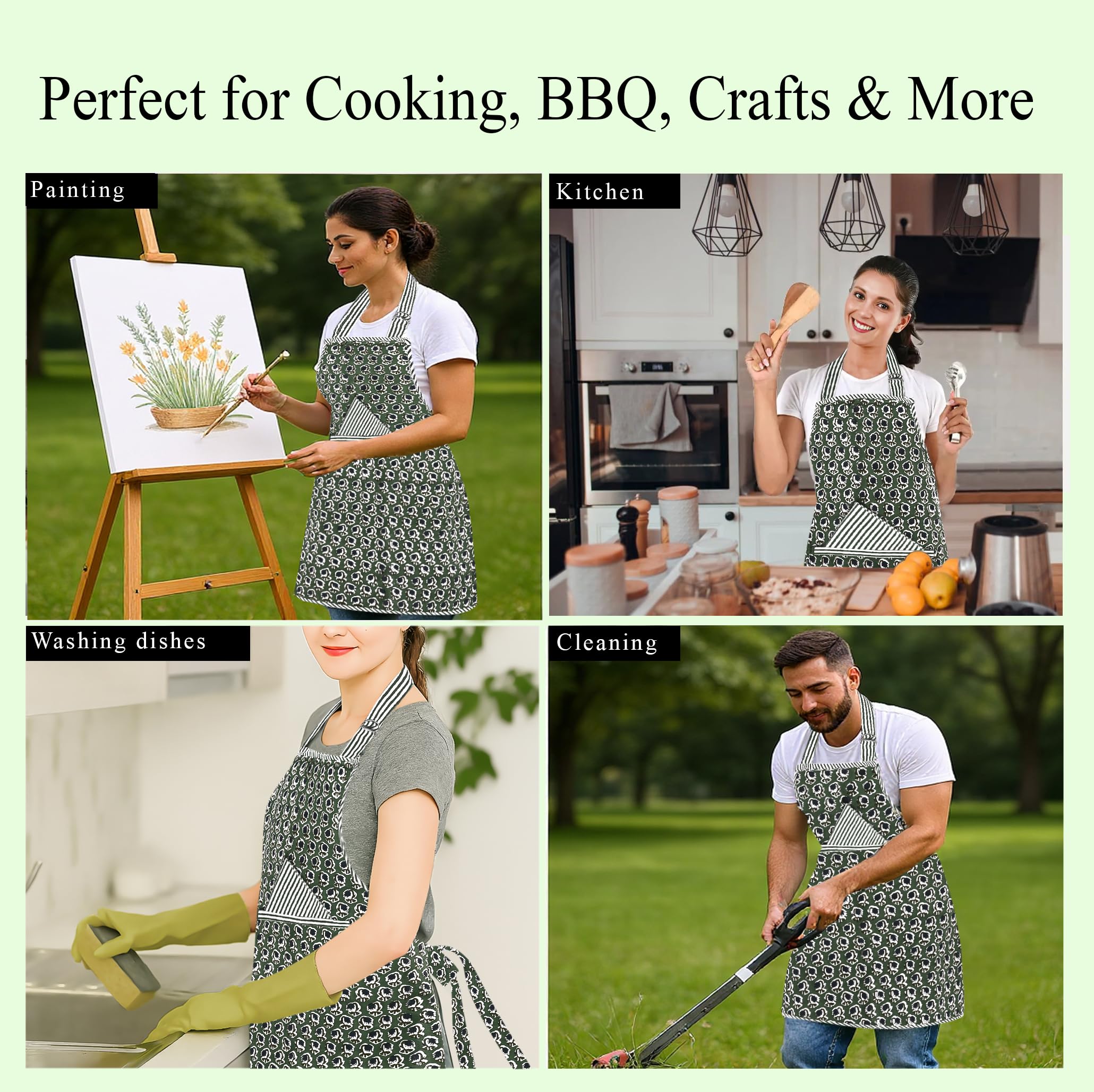 Hand Block Print Cotton Kitchen Apron - Basil Green
