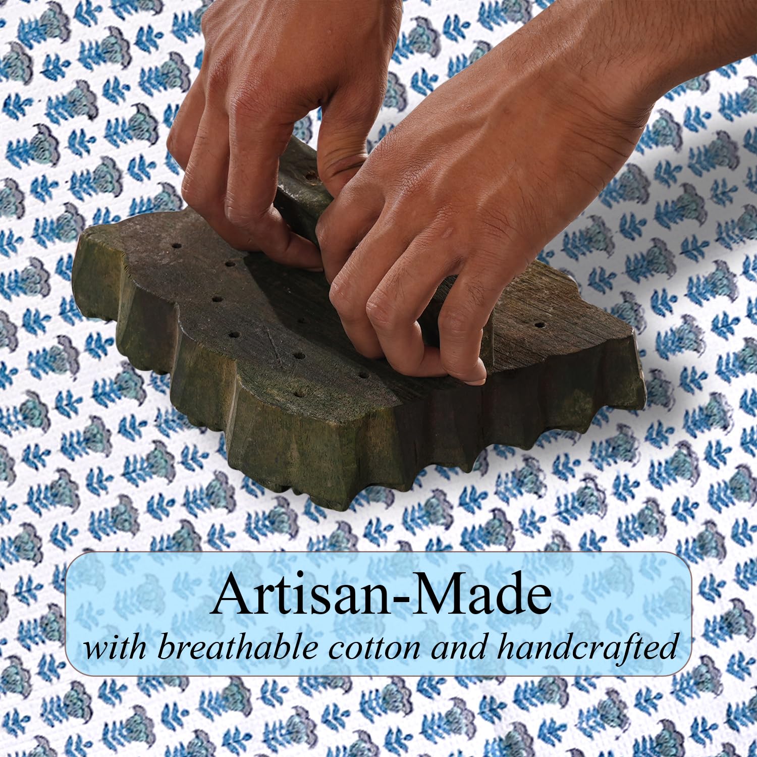Hand Block Print Cotton Kitchen Towel - Aquamarine Blue