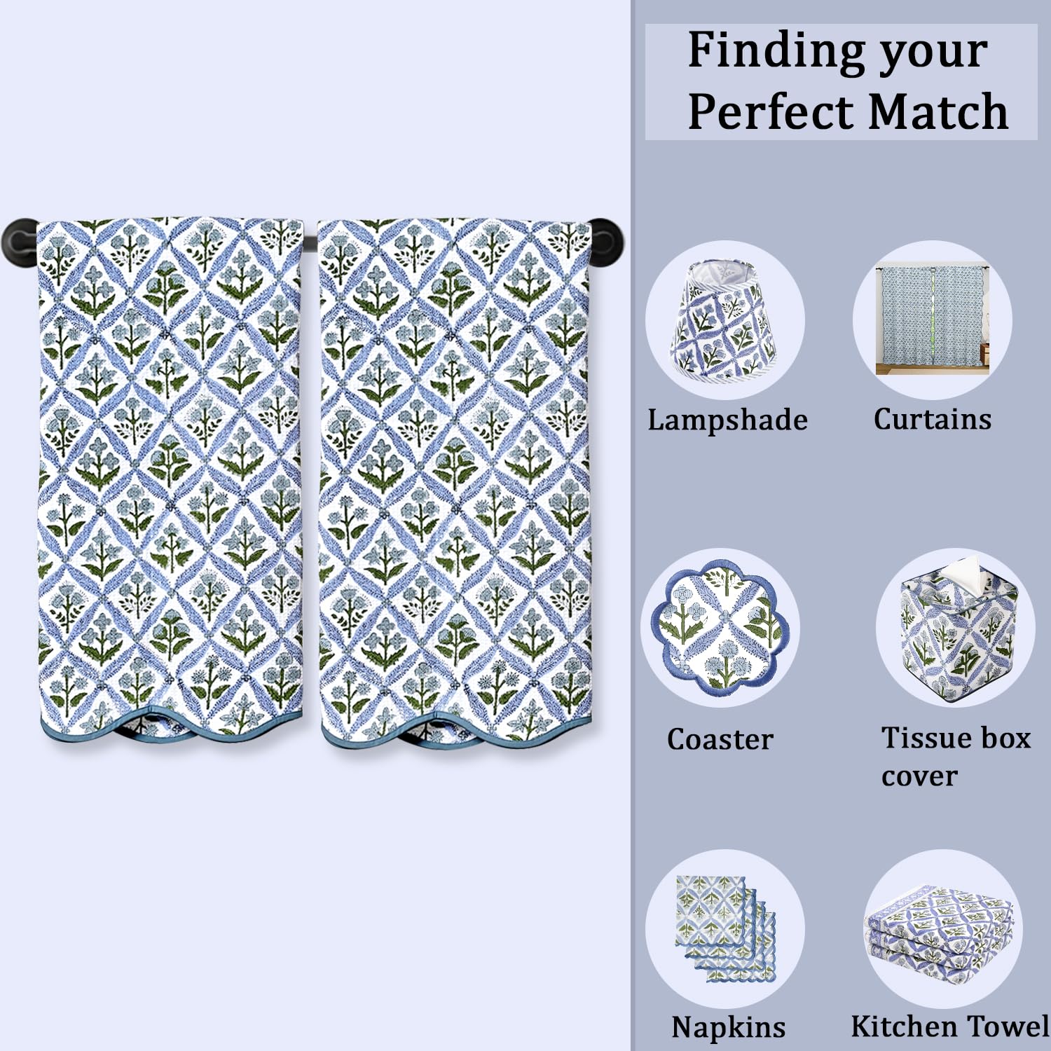 Hand Block Print Cotton Kitchen Towel - Light Steel Blue