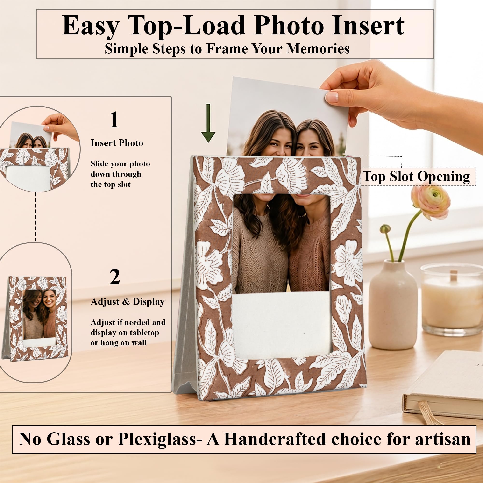 Hand Block Print Cotton Picture Frame - Oak Brown