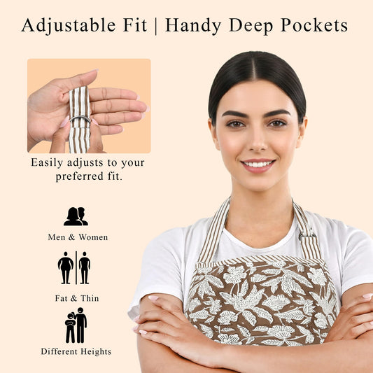Hand Block Print Cotton Kitchen Apron - Ook Brown