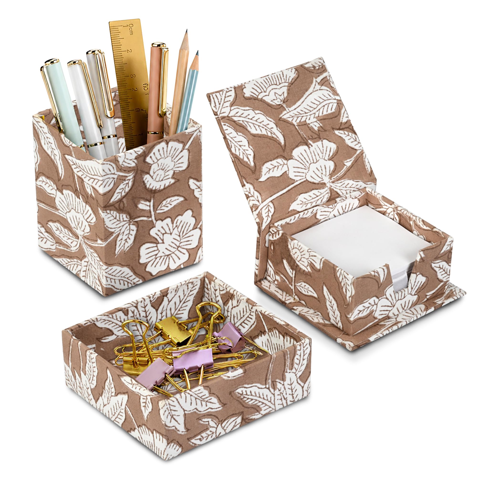 Hand Block Print Cotton Desk Organizer - Oak Brown
