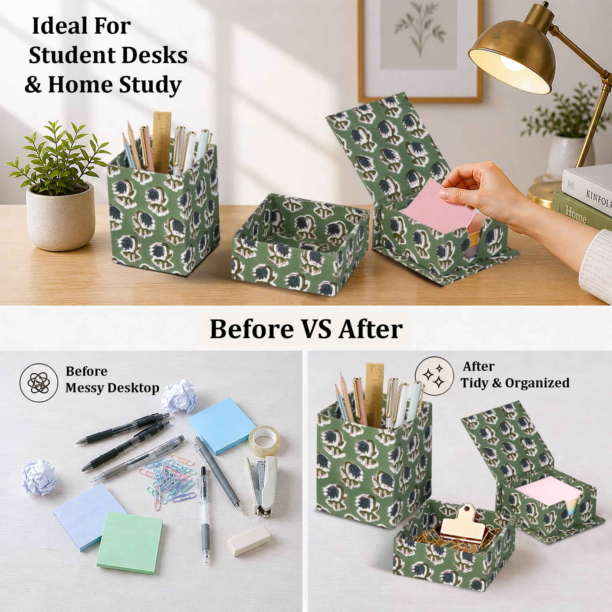 Hand Block Print Cotton Desk Organizer - Basil Green