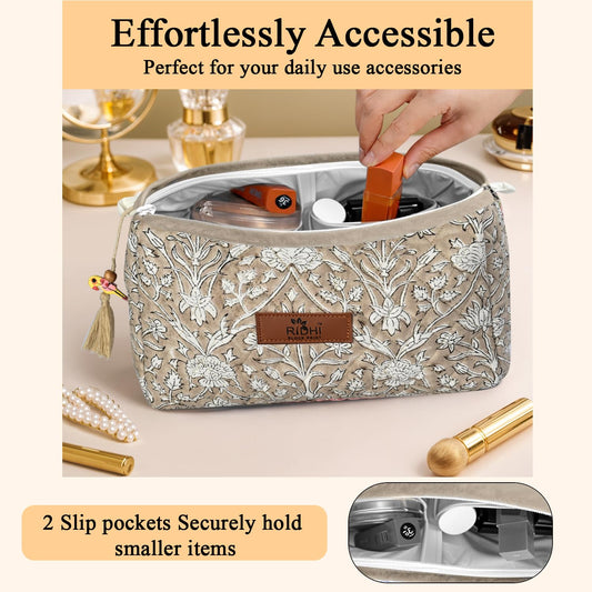 Hand Block Print Cotton Cosmetic Bag - Taupe