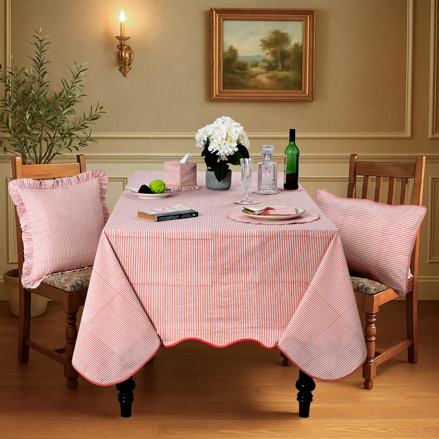 Hand Block Print Cotton Tablecloth - Blush Coral Stripe