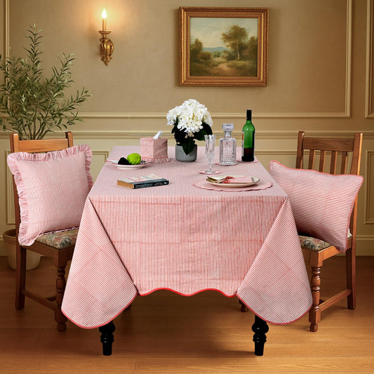 Hand Block Print Cotton Tablecloth - Taffy Pink Stripe