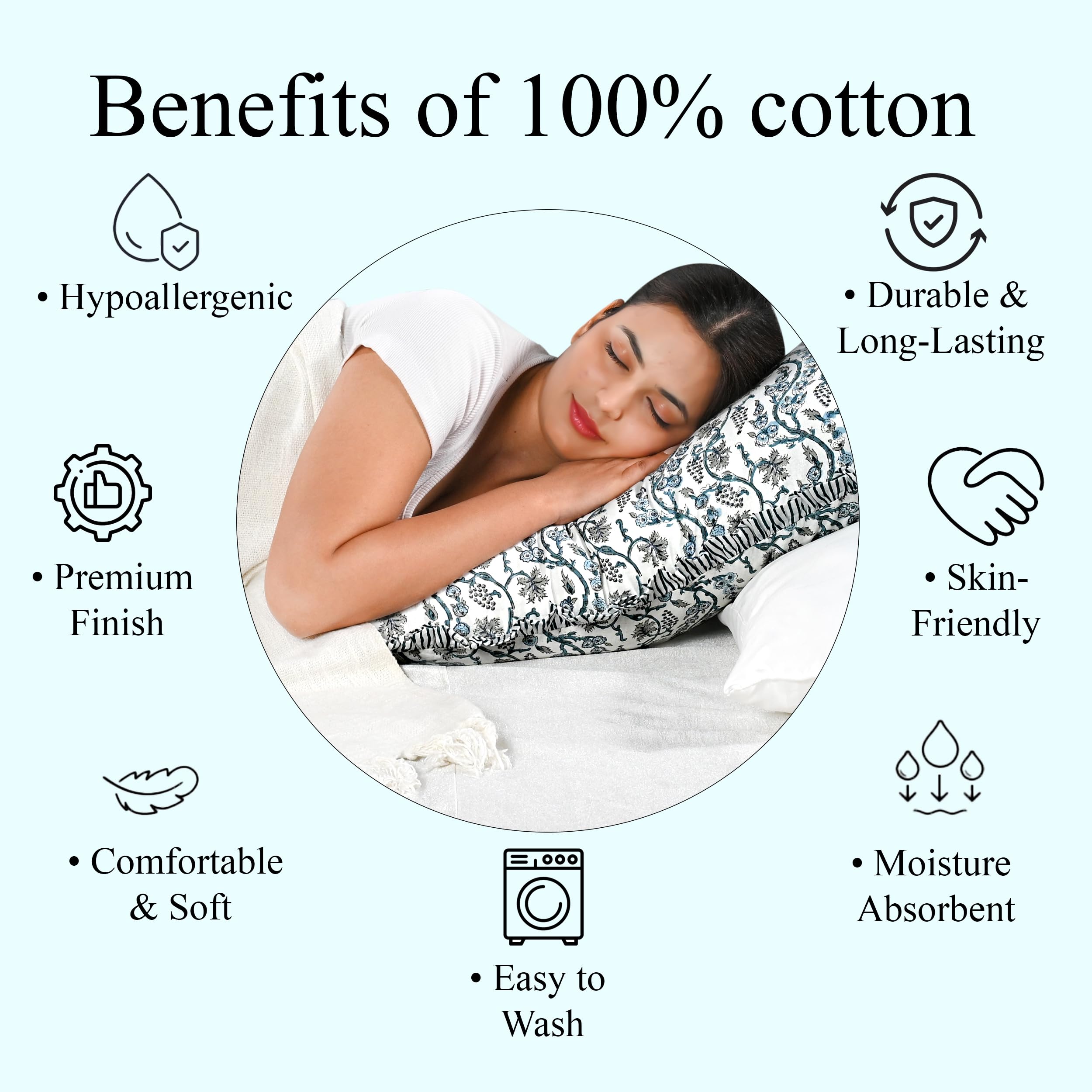 Hand Block Print Cotton Throw Pillow Cover - Baby Blue Eyes