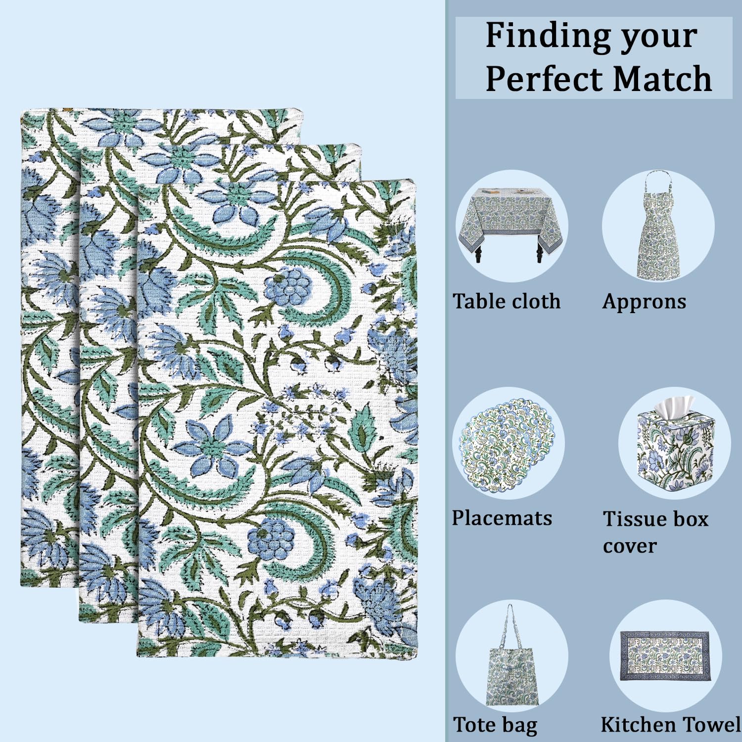 Hand Block Print Cotton Kitchen Towel - Columbia Blue