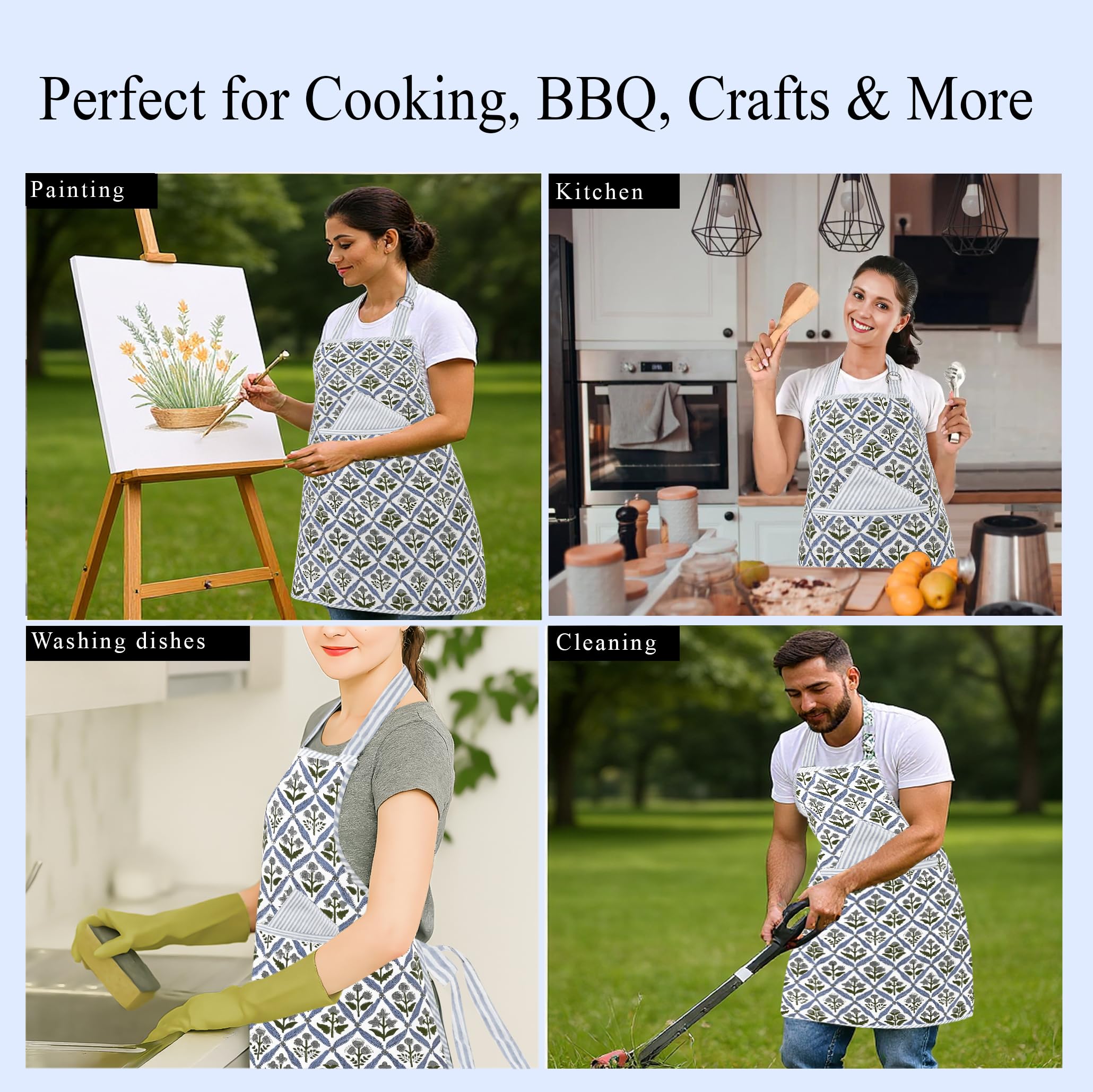 Hand Block Print Cotton Kitchen Apron - Light Steel Blue