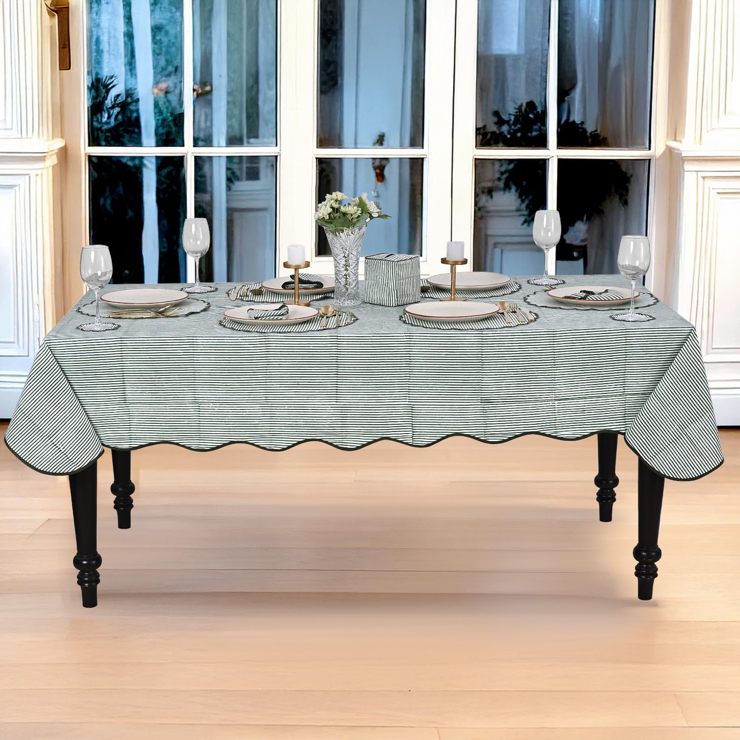 Hand Block Print Cotton Tablecloth - Forest Green Stripe