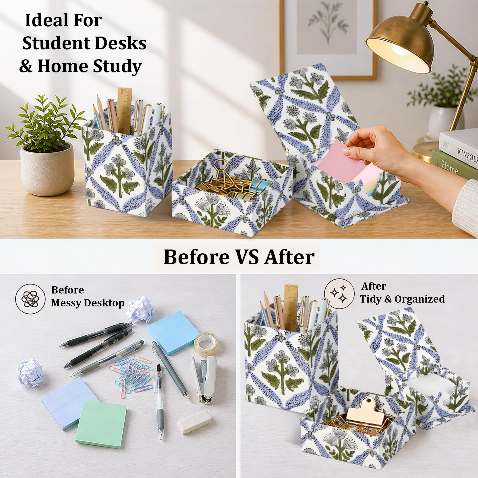 Hand Block Print Cotton Desk Organizer - Light Steel Blue