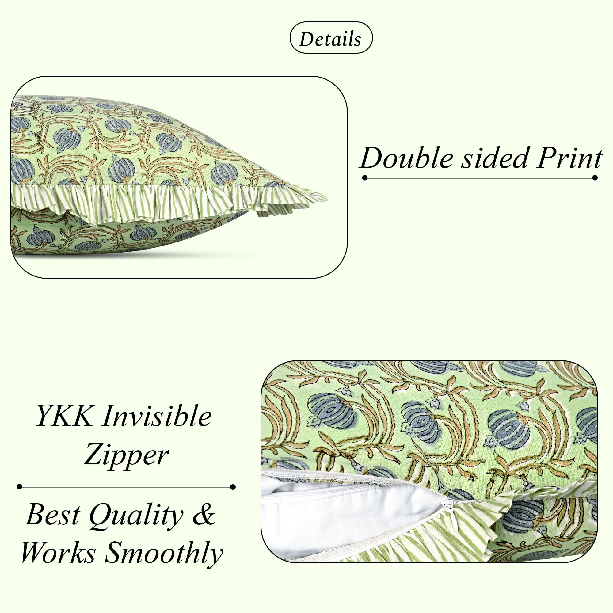 Hand Block Print Cotton Throw Pillow Cover - Apple Green Floral
