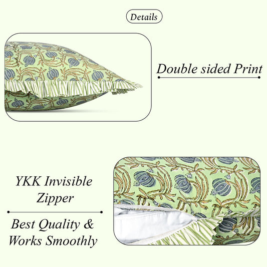 Hand Block Print Cotton Throw Pillow Cover - Apple Green Floral