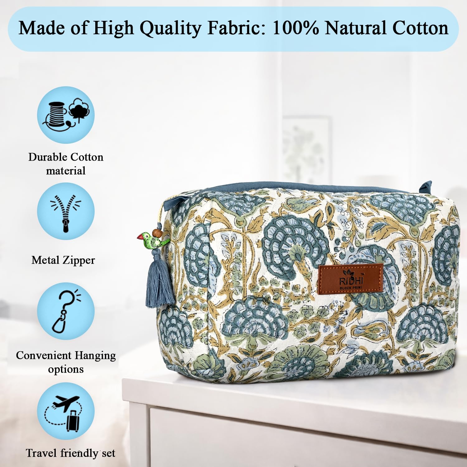 Hand Block Print Cotton Cosmetic Bag - Asparagus Green
