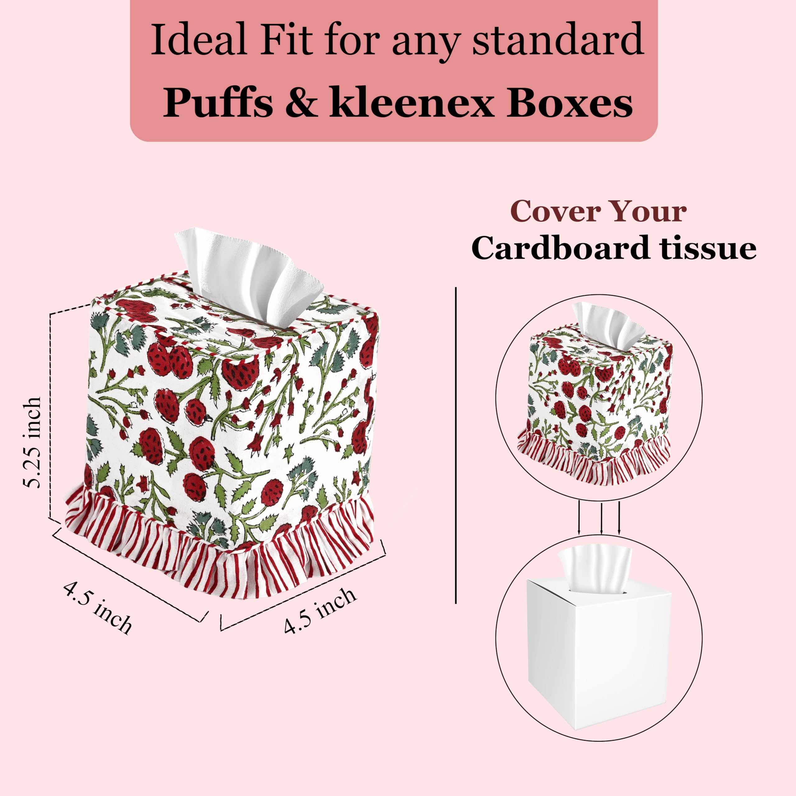Hand Block Print Cotton Tissue Box Cover - Red Garnet