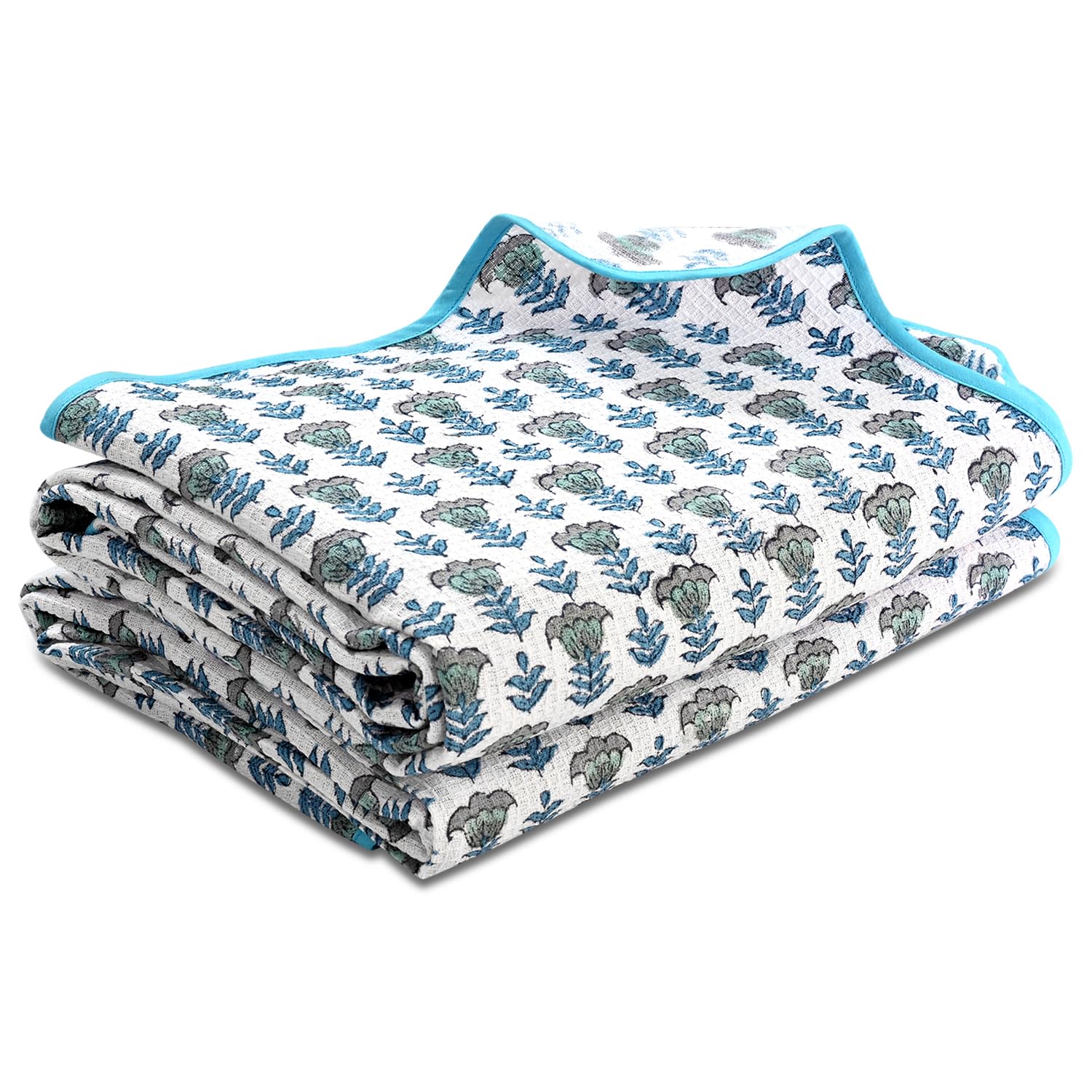 Hand Block Print Cotton Kitchen Towel - Aquamarine Blue